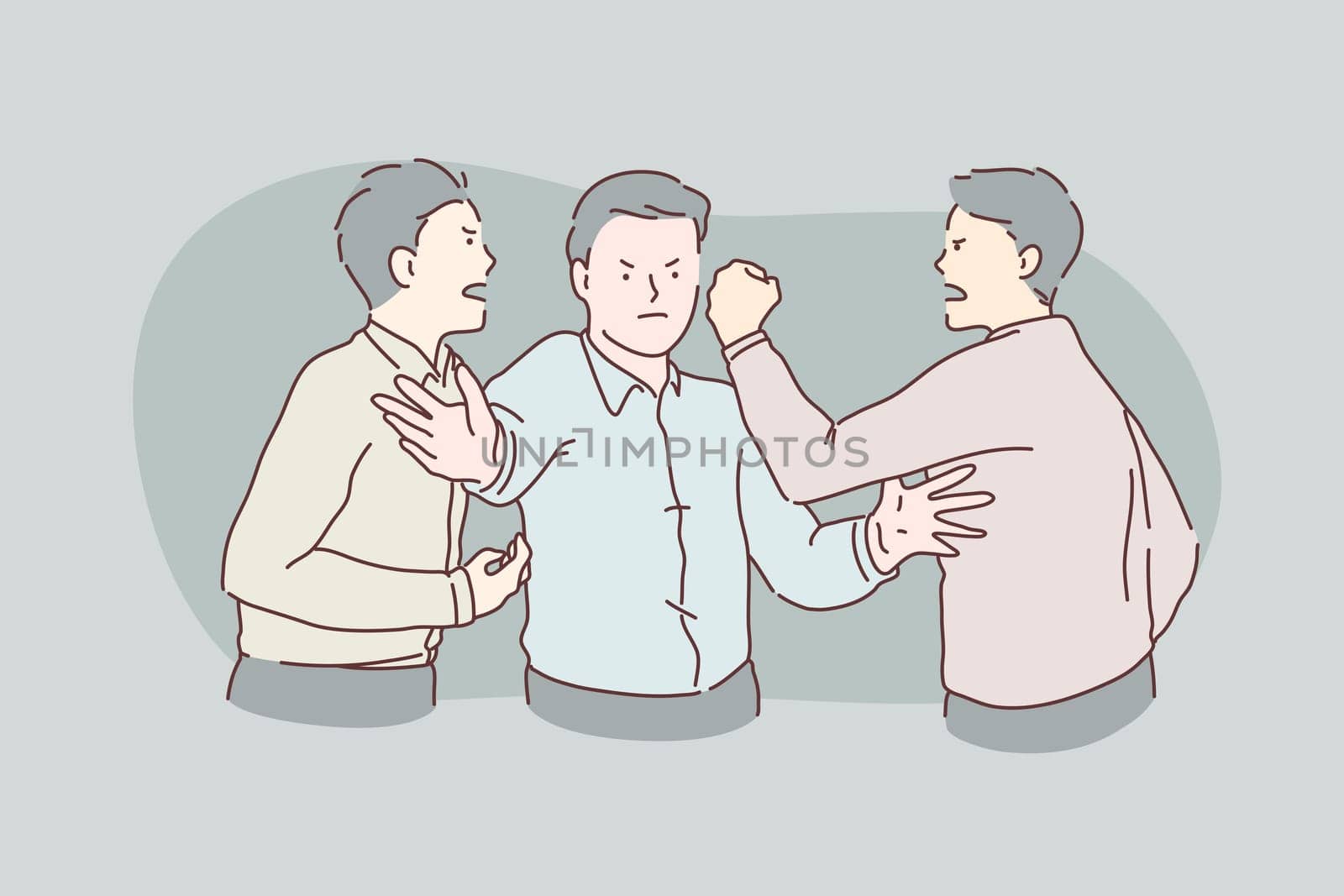 Quarrel, fight, showdown, hatred, conflict concept. Young angry people man businessman swear because of competition. Disgruntled clerks are furious, leader stops conflict in office. Flat simple vector