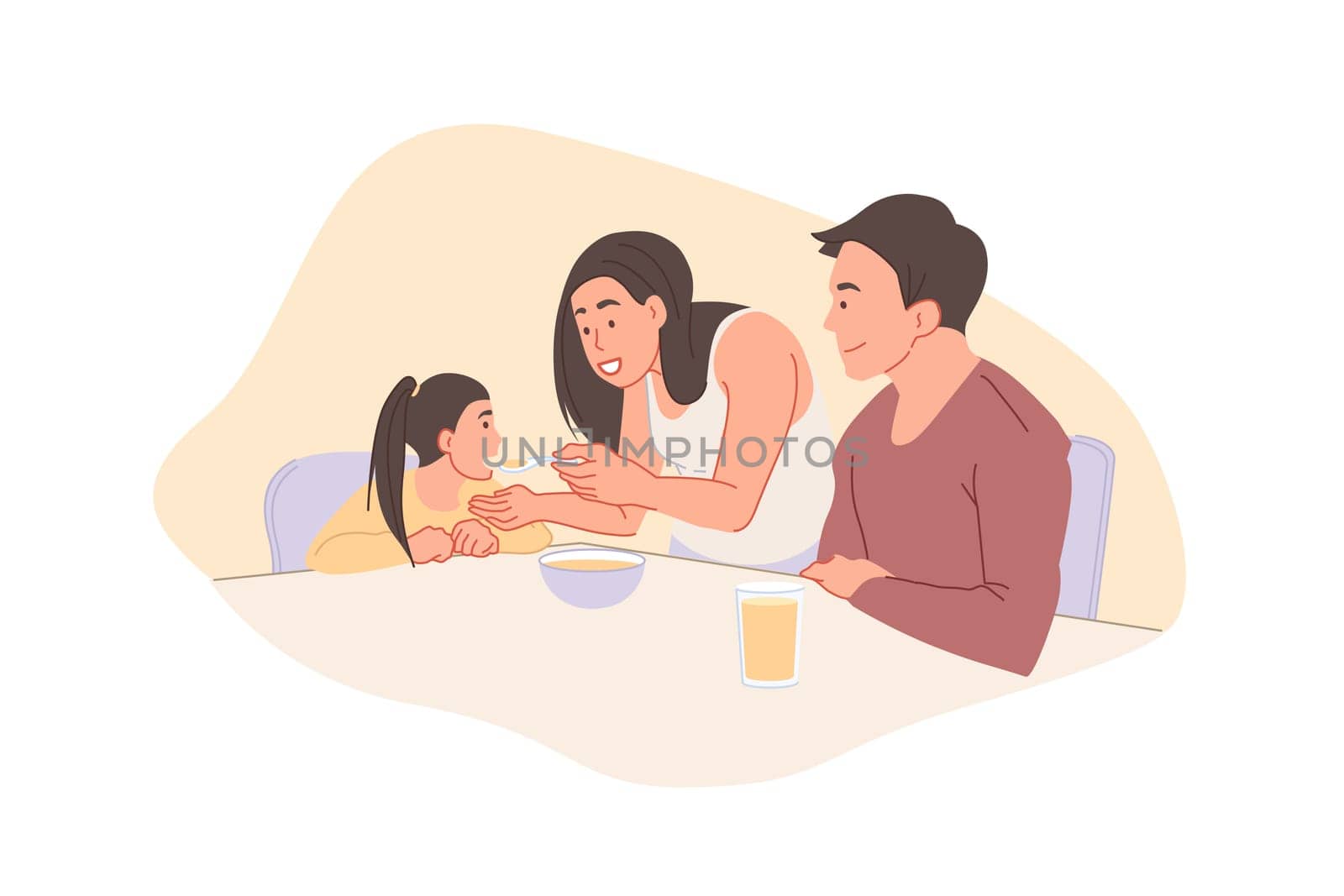Childhood and parenthood concept. Young happy parents mother, father feeding their preschool daughter. Smiling mom, dad watching as child eats Breakfast. Simple flat vector.