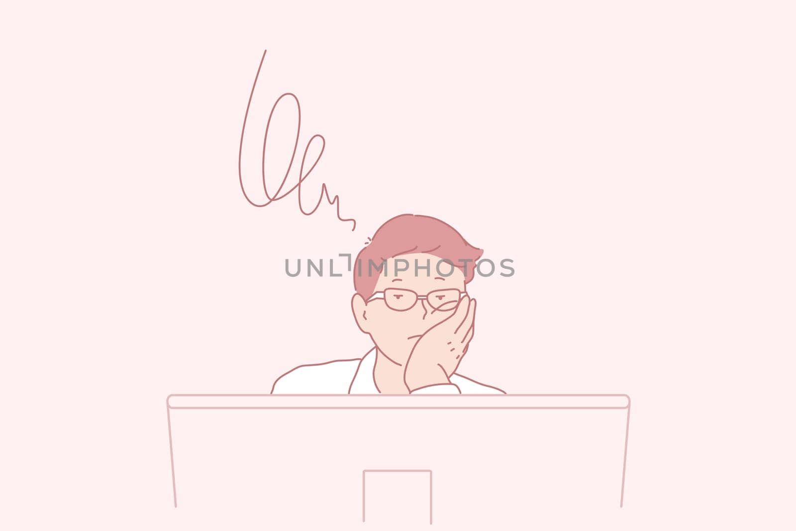 Brainstorming, thoughts, task, business concept. Young busy man, businessman worries about a new job, project. Unhappy, tired clerk guy trying to solve problems at work. Exam. Flat simple vector