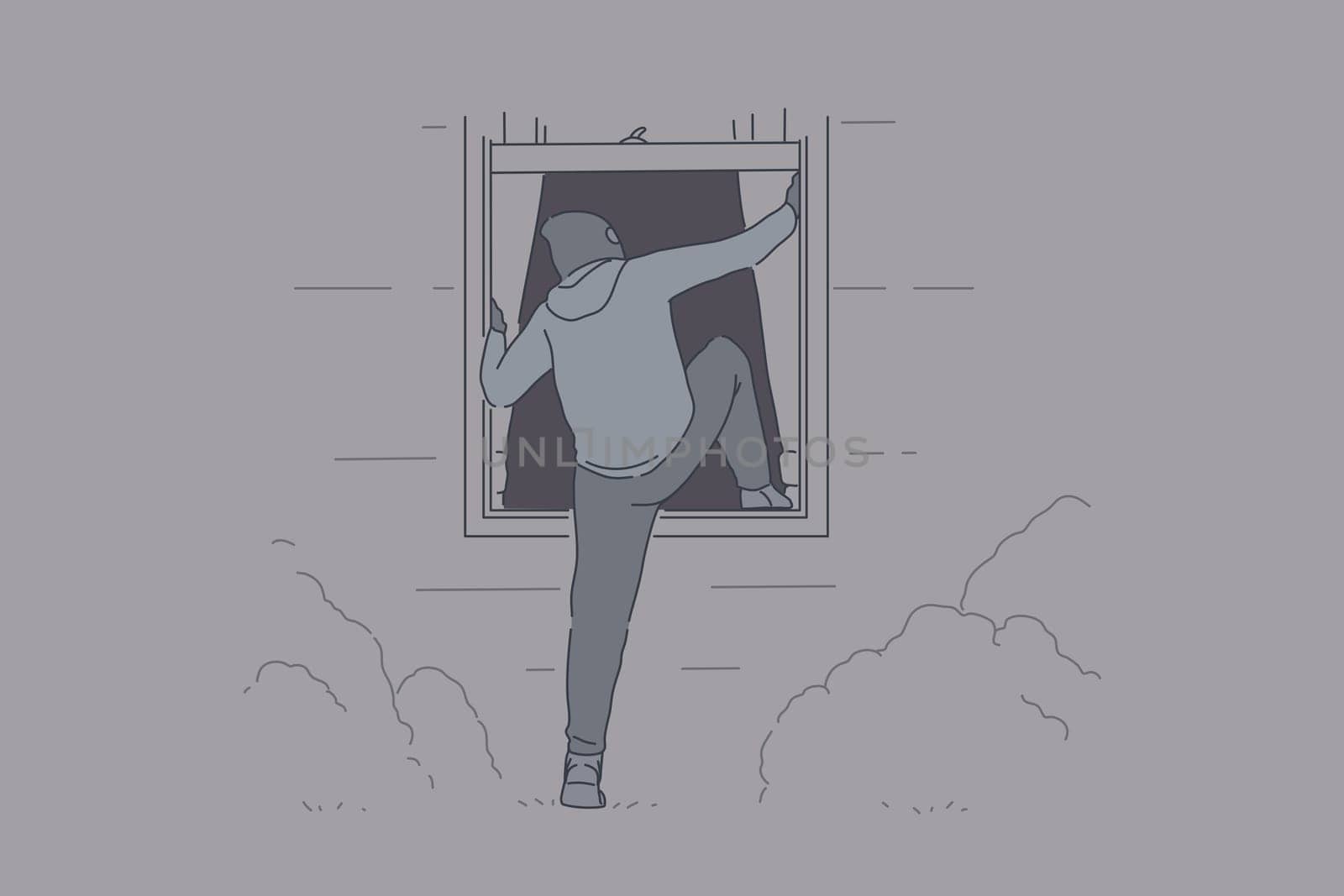 Offense, crime, theft, intruder, robbery concept. Young male burglar enters illegally into someone elses house through a window. Thief tries to steal valuables or money by burglary. Flat simple vector