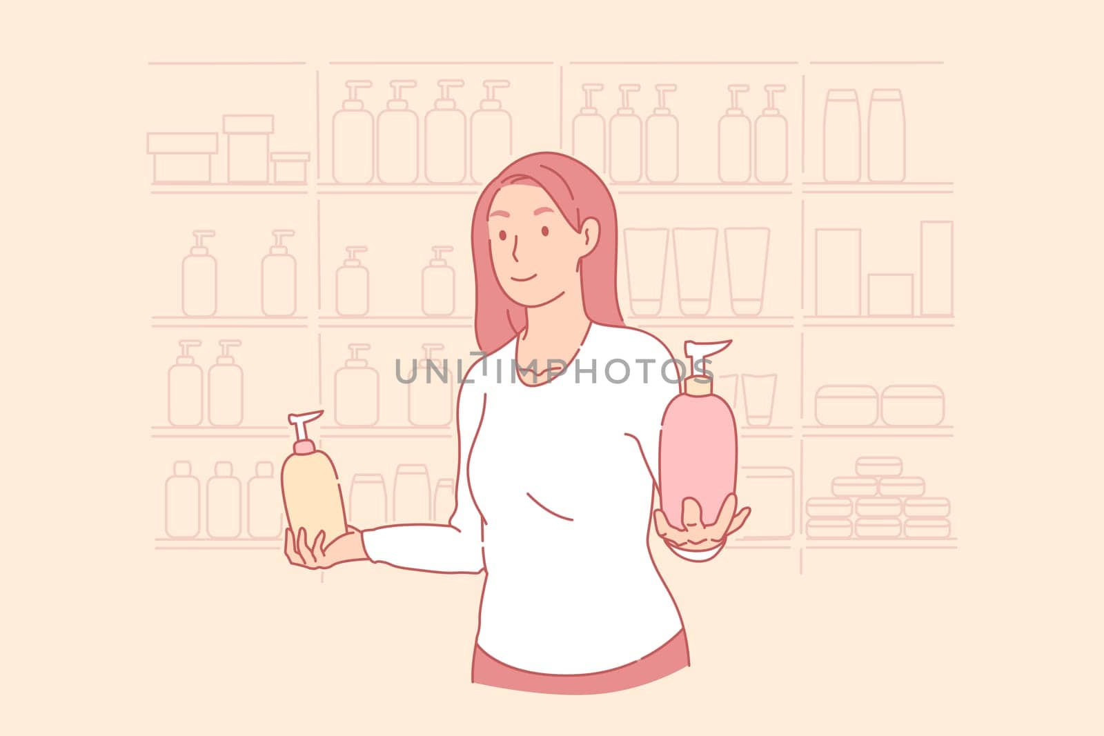 Shopping, beauty shop, advertising, service concept. Young woman, assistant, businesswoman in salon offers care products. Satisfied with smile, teen girl chose shopping at mall. Flat simple vector.