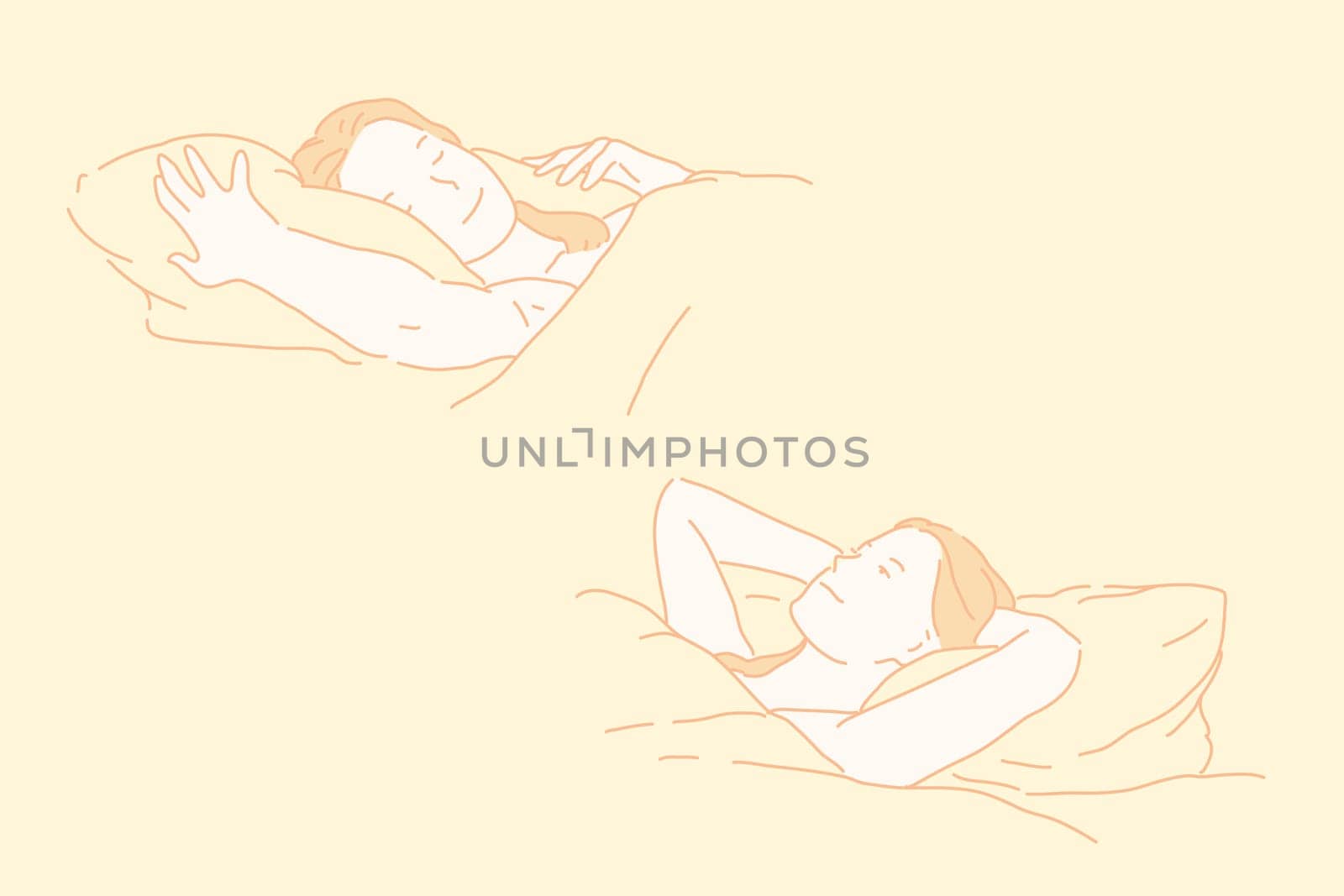 Sleeping and awaking, night and morning, day beginning, healthy sleep concept. Young woman sleeping, dreaming girl lying in bed, smiling female, health and good mood. Simple flat vector