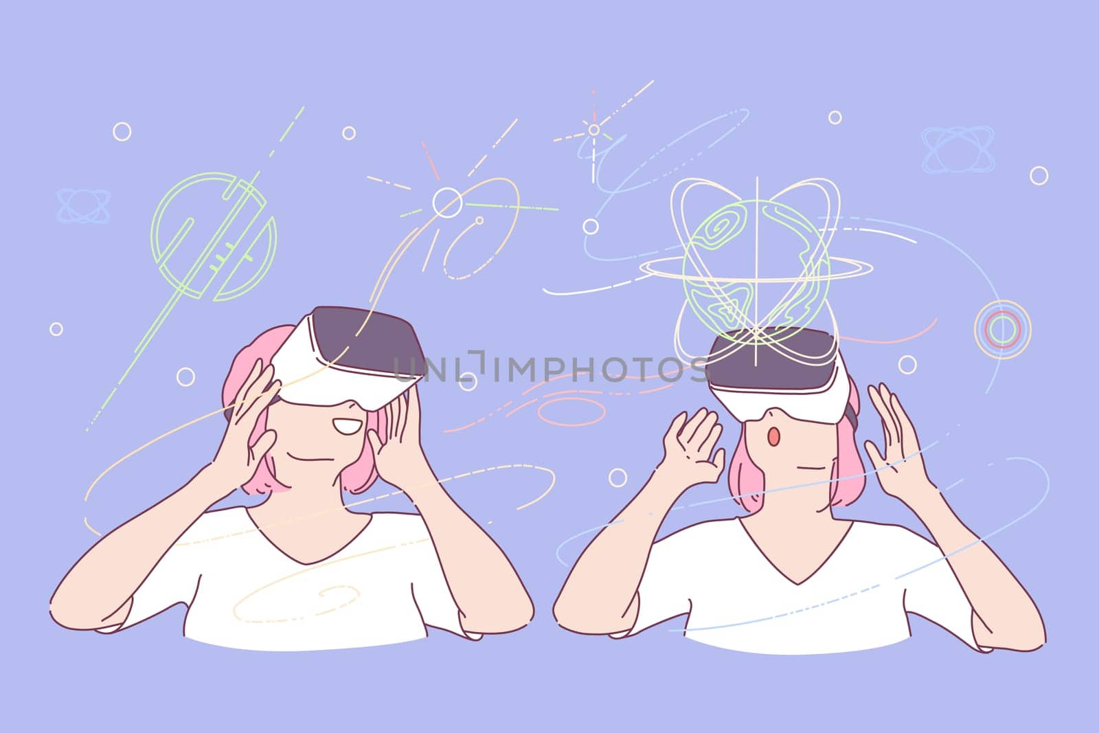 Virtual reality, computer simulated world, game concept. Female gamer wearing 3d glasses, young woman in cyberspace, gaming environment, modern entertainment, emotion expression. Simple flat vector