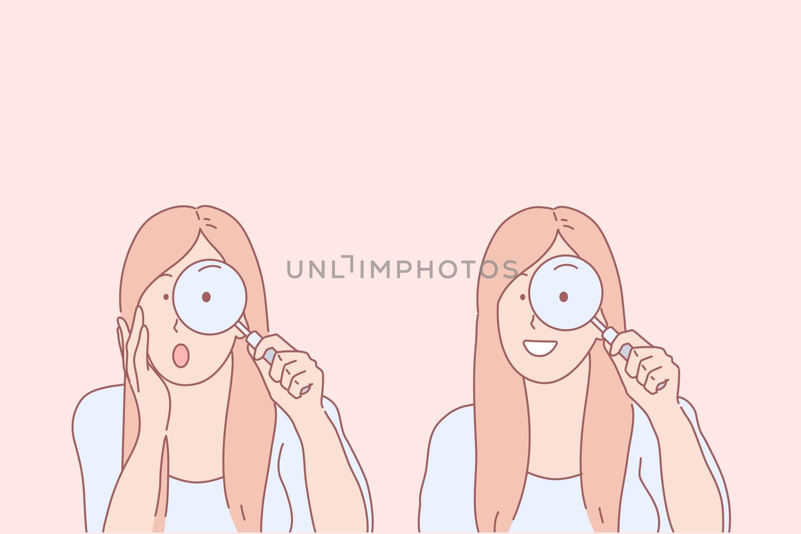 Magnifying glass features learning, exploration and discovery concept. Young woman with magnifier, girl looking through loupe, lens using, amazement and joy, interest. Simple flat vector