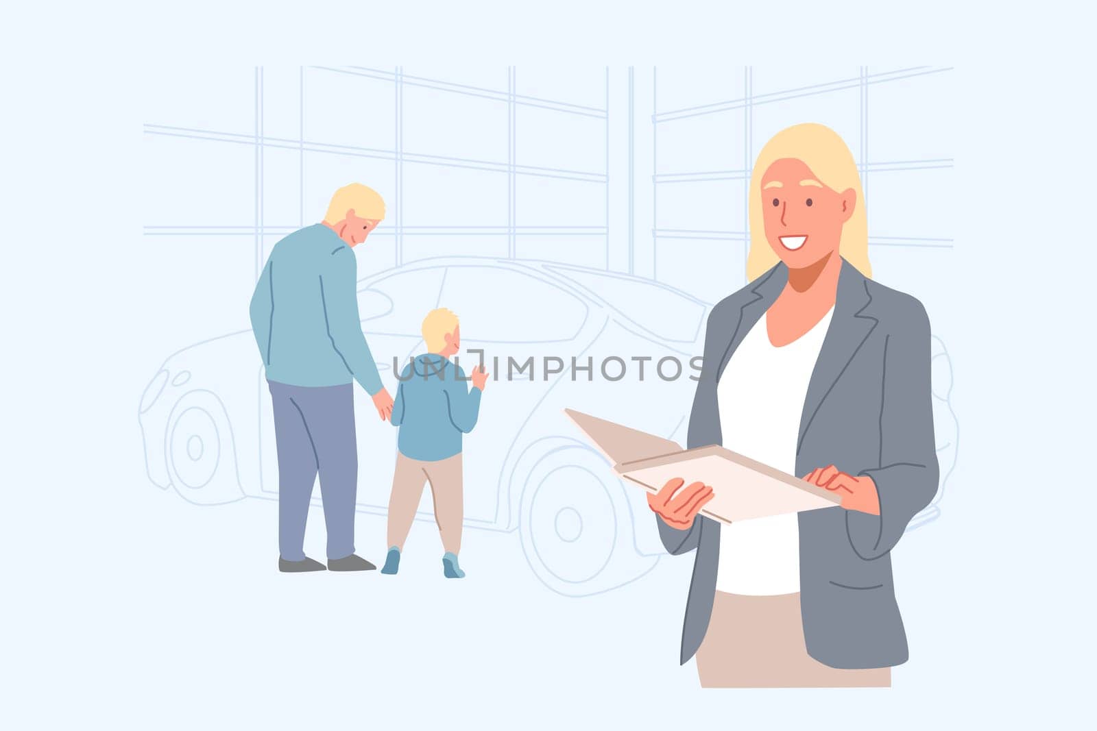 Business, car purchase, dealership, Leasing, rental concept. Happy people father, son family, came to buy new car. Young woman businesswoman advises buyer. Competent manager offers leasing Flat vector