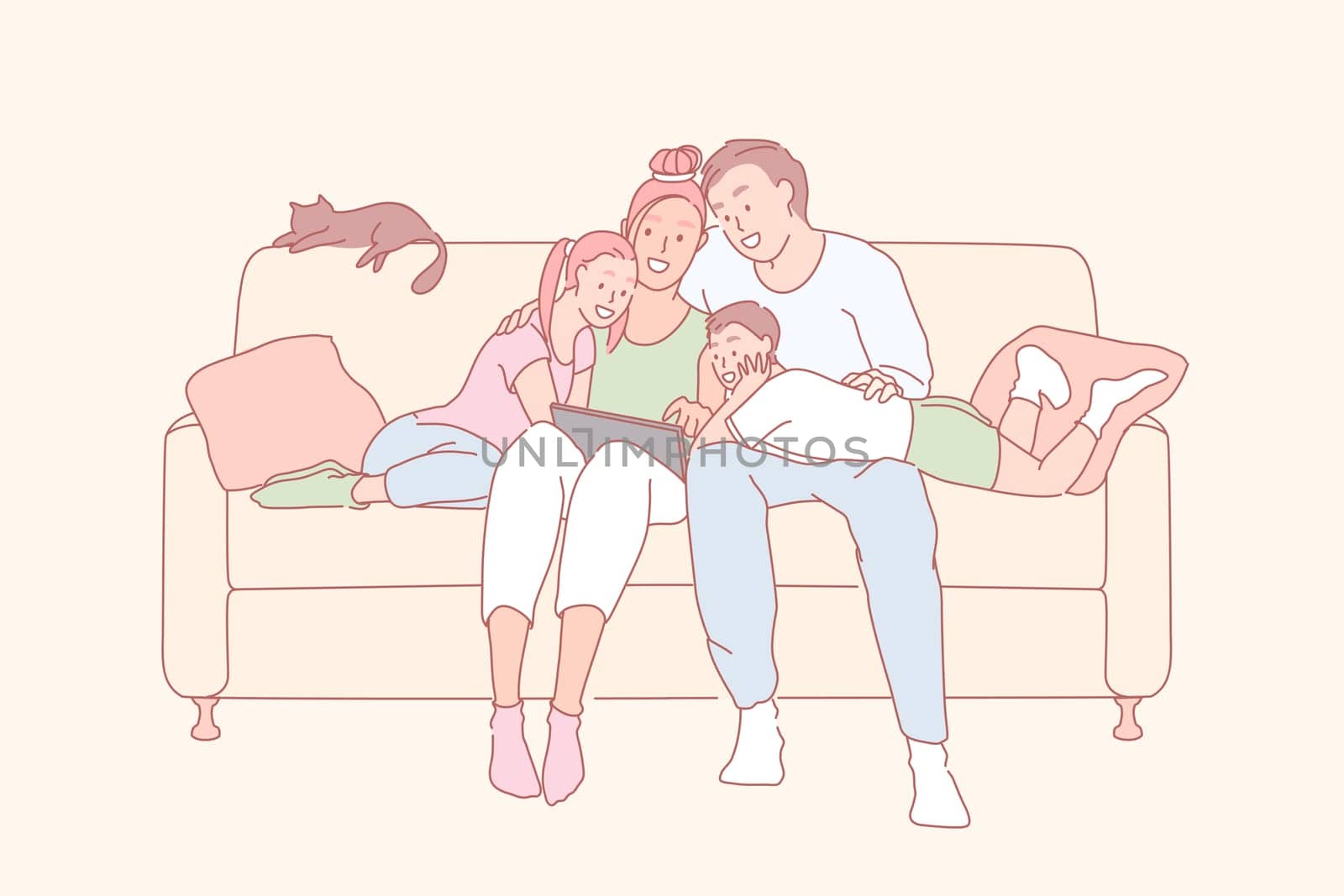 Modern leisure, family relationship, relatives bonding concept. Cheerful children watching movie together with parents, happy couple and little kids using laptop, tablet. Simple flat vector