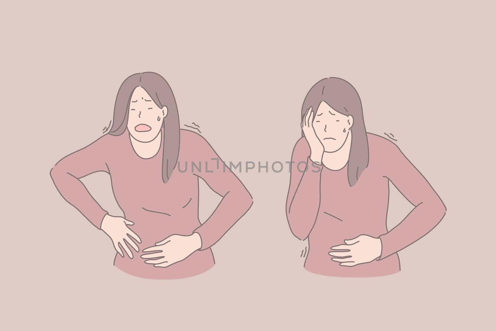 Disease symptoms, abdominal pain, stomach ache and headache, sickness concept. Young woman suffering from pain, sick female, malaise and ailment, bellyache, illness signs. Simple flat vector