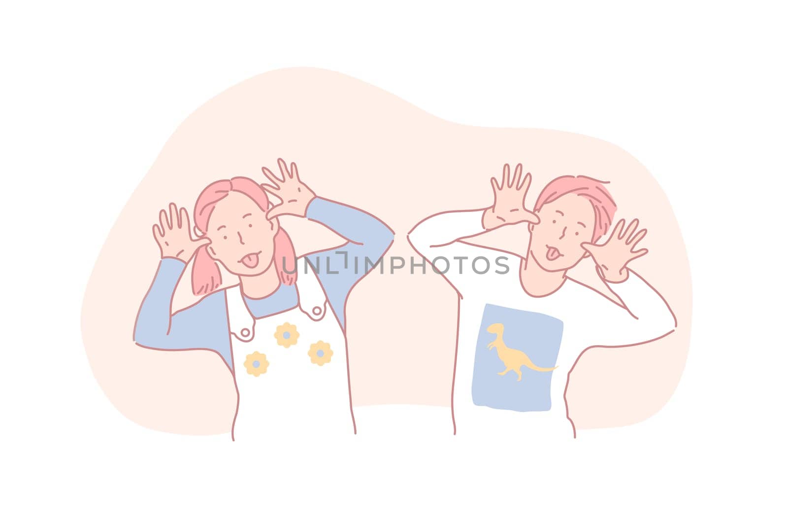 Naughty behaviour, fooling around, childhood fun concept. Little children making faces, silly girl and boy having fun, kids with goofy grimaces, friends sticking tongues out. Simple flat vector