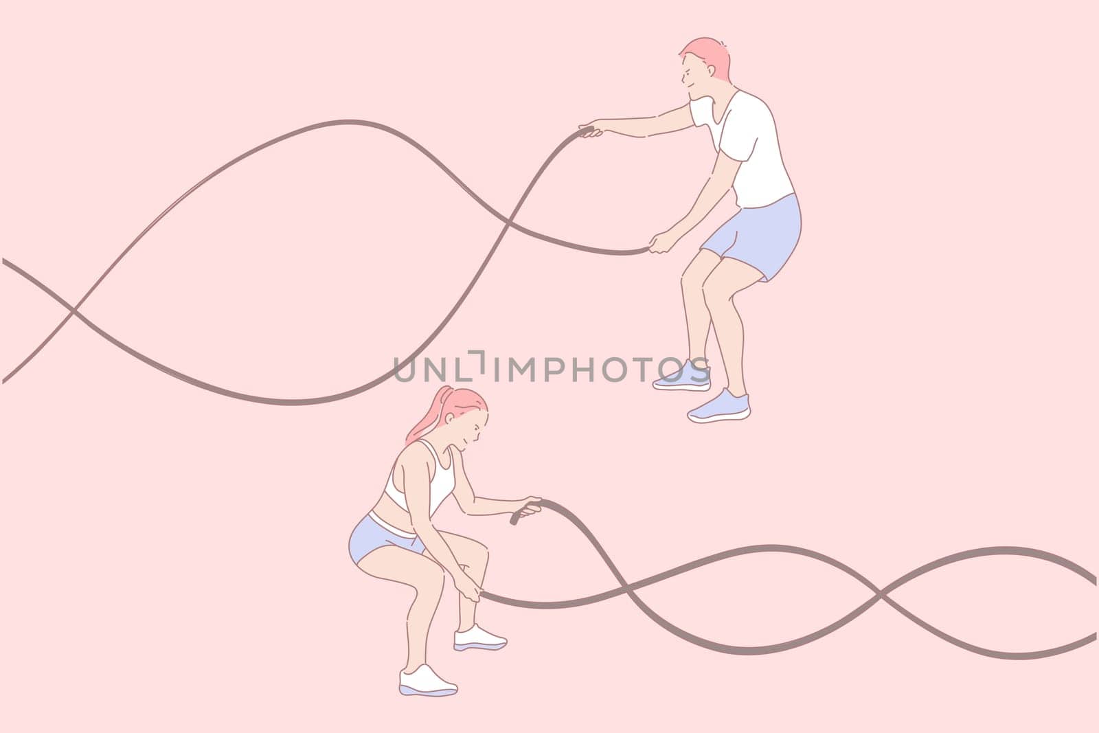 Sport exercises, functional training, active lifestyle concept. Young people squatting with ropes, fitness, gym workout, athletic training, good shape and health. Simple flat vector