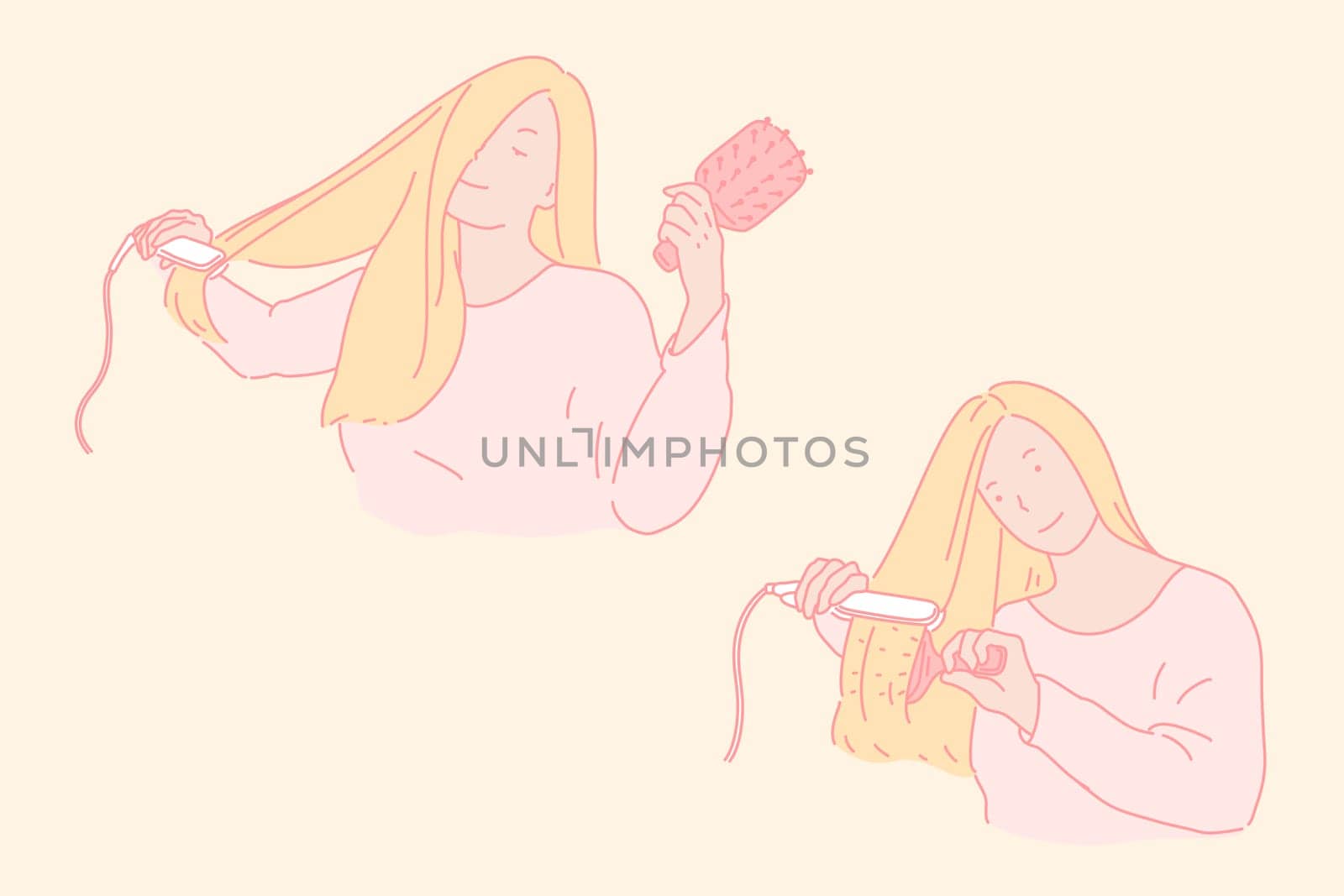 Hair styling, beauty care concept. Young woman straightening long hair, blonde with iron device and comb, girl wilt brush and electrical appliance, updoing, event preparation. Simple flat vector