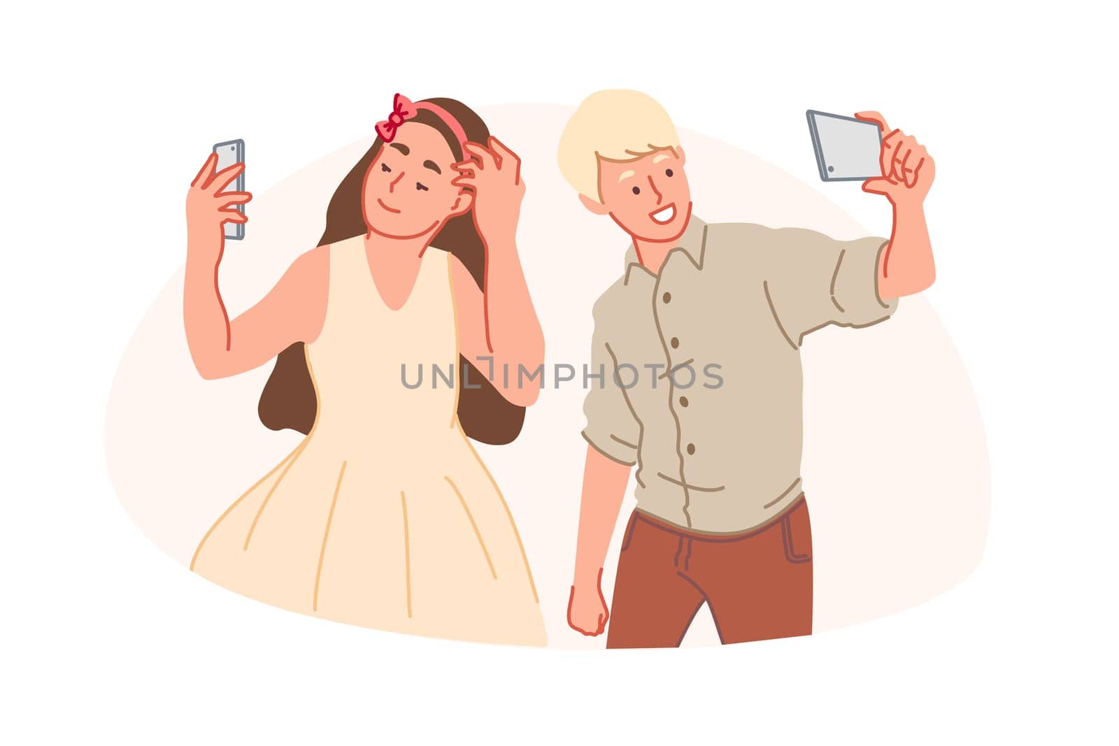 Smartphone addiction, selfie obsession, trendy lifestyle concept. Adolescent girl and boy with smartphones taking pictures, happy teenagers with gadgets, young children problem. Simple flat vector