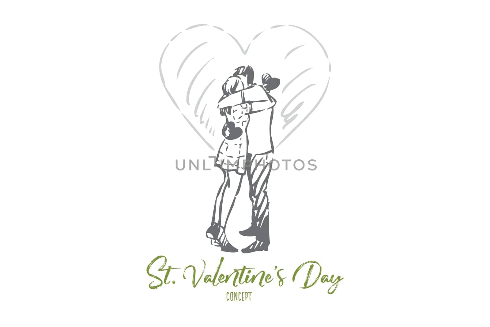 St valentine day concept sketch. Young couple in love, girlfriend and boyfriend hug and kiss, romantic holiday celebration, amorous relationship, feelings expression. Isolated vector illustration