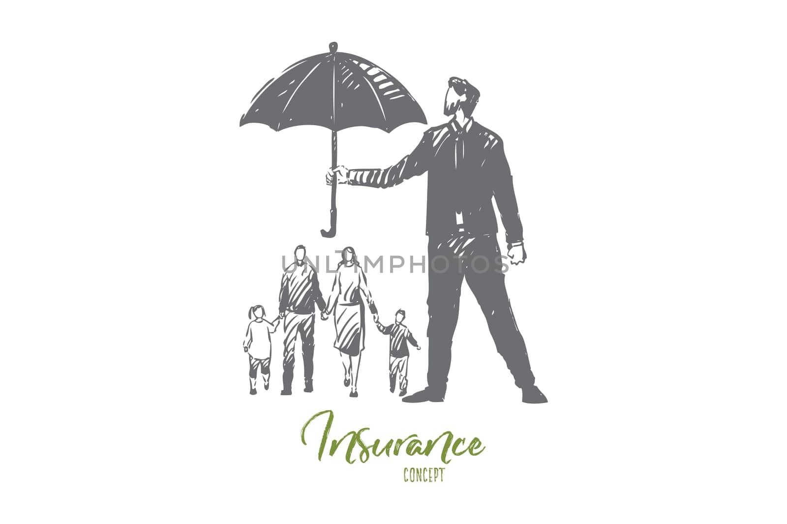 Health insurance concept sketch. Businessman holding umbrella over couple with children, accidents protection service, professional help, life safety assurance banner. Isolated vector illustration