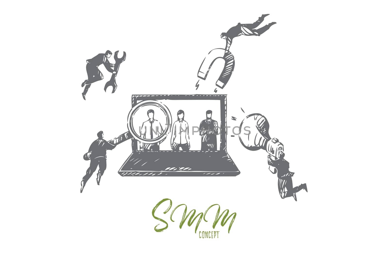 Online promotion concept sketch. Flying businessmen teamwork, marketers studying audience, customers attraction campaign, smm metaphor, advertising business banner. Isolated vector illustration