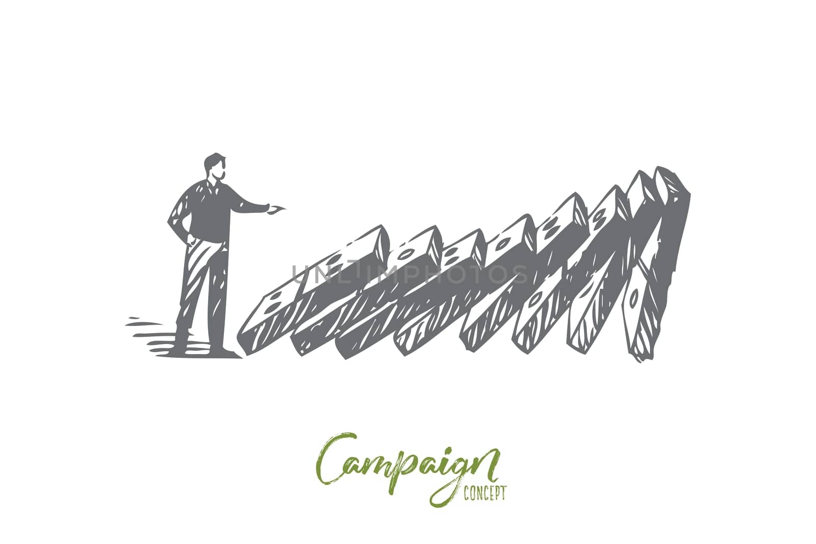 Campaign concept sketch. Businessman pushing domino, chain reaction, connection metaphor, advertising business, modern promotion strategy, viral marketing banner. Isolated vector illustration