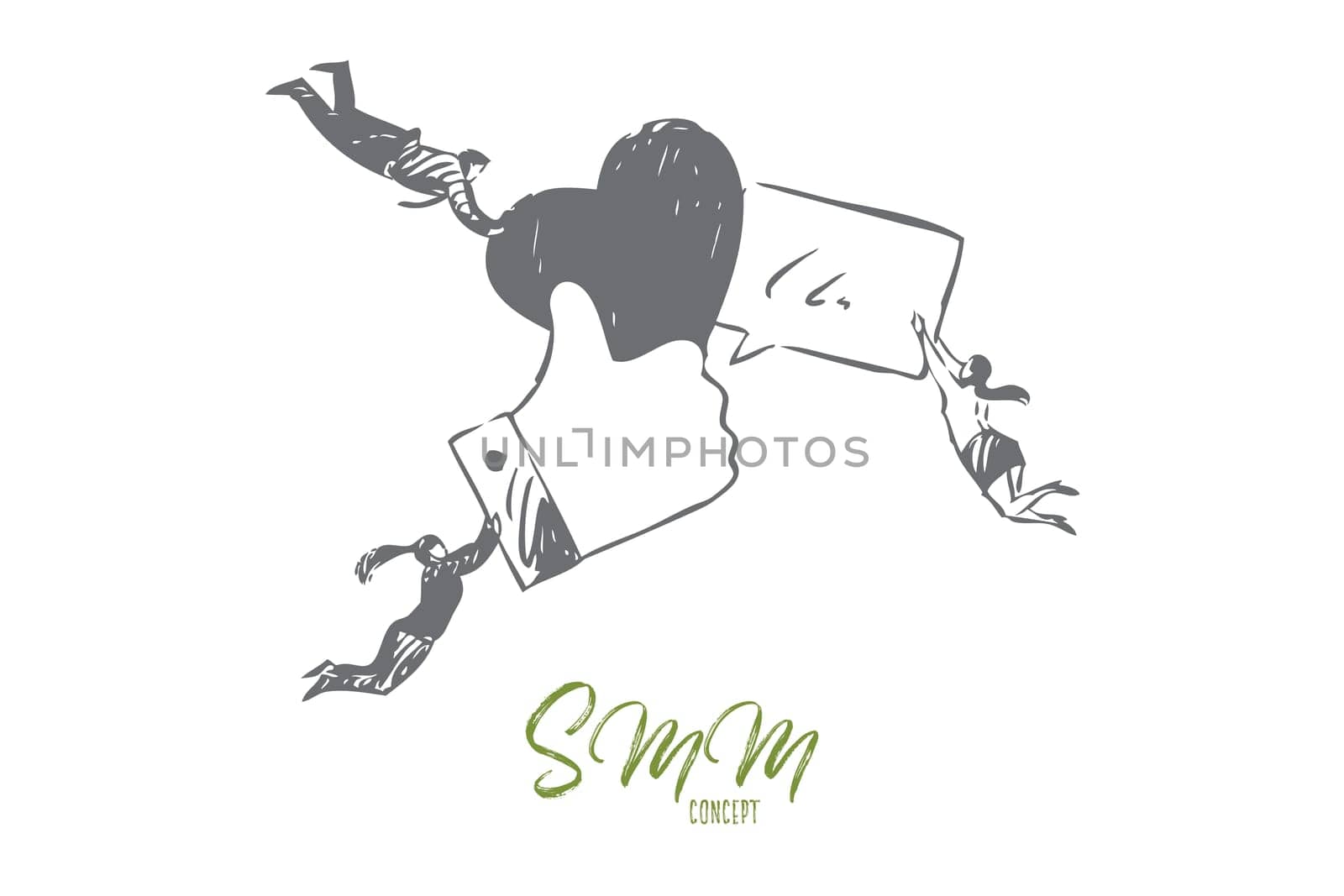 Online marketing concept sketch. Flying businessman and businesswoman teamwork, business partnership, internet advertising campaign, social media communication banner. Isolated vector illustration
