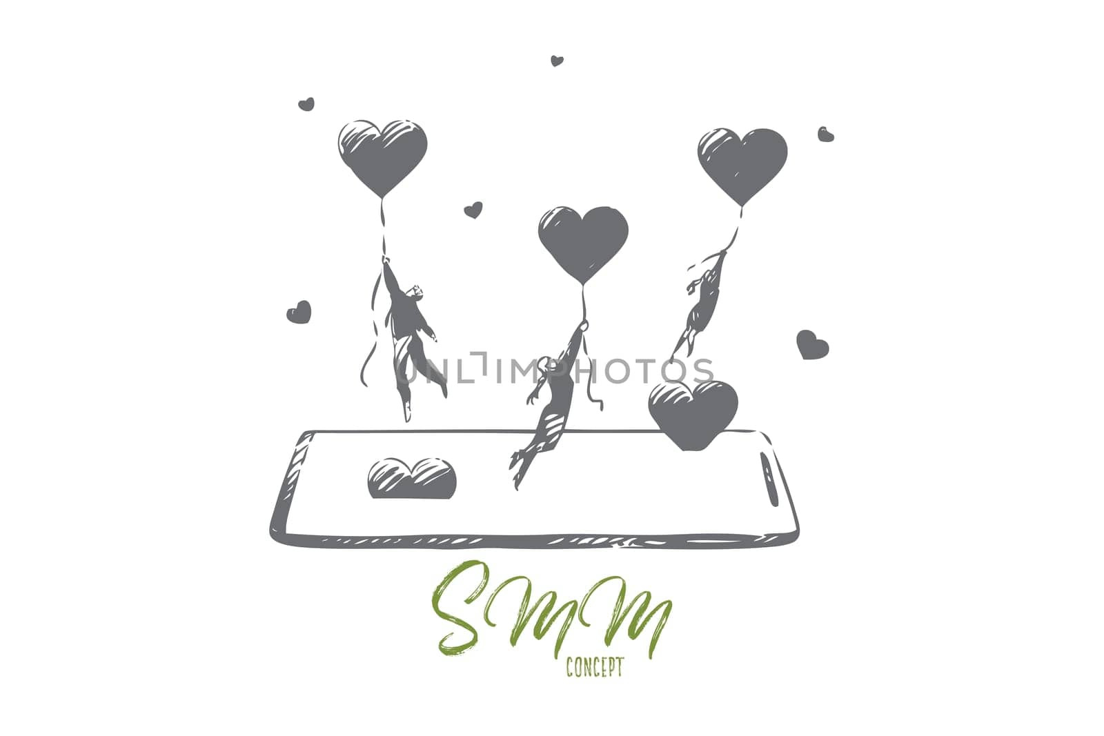 Internet marketing concept sketch. Social media network users flying on air balloons, digital promotion, customer feedback metaphor, online advertising business banner. Isolated vector illustration