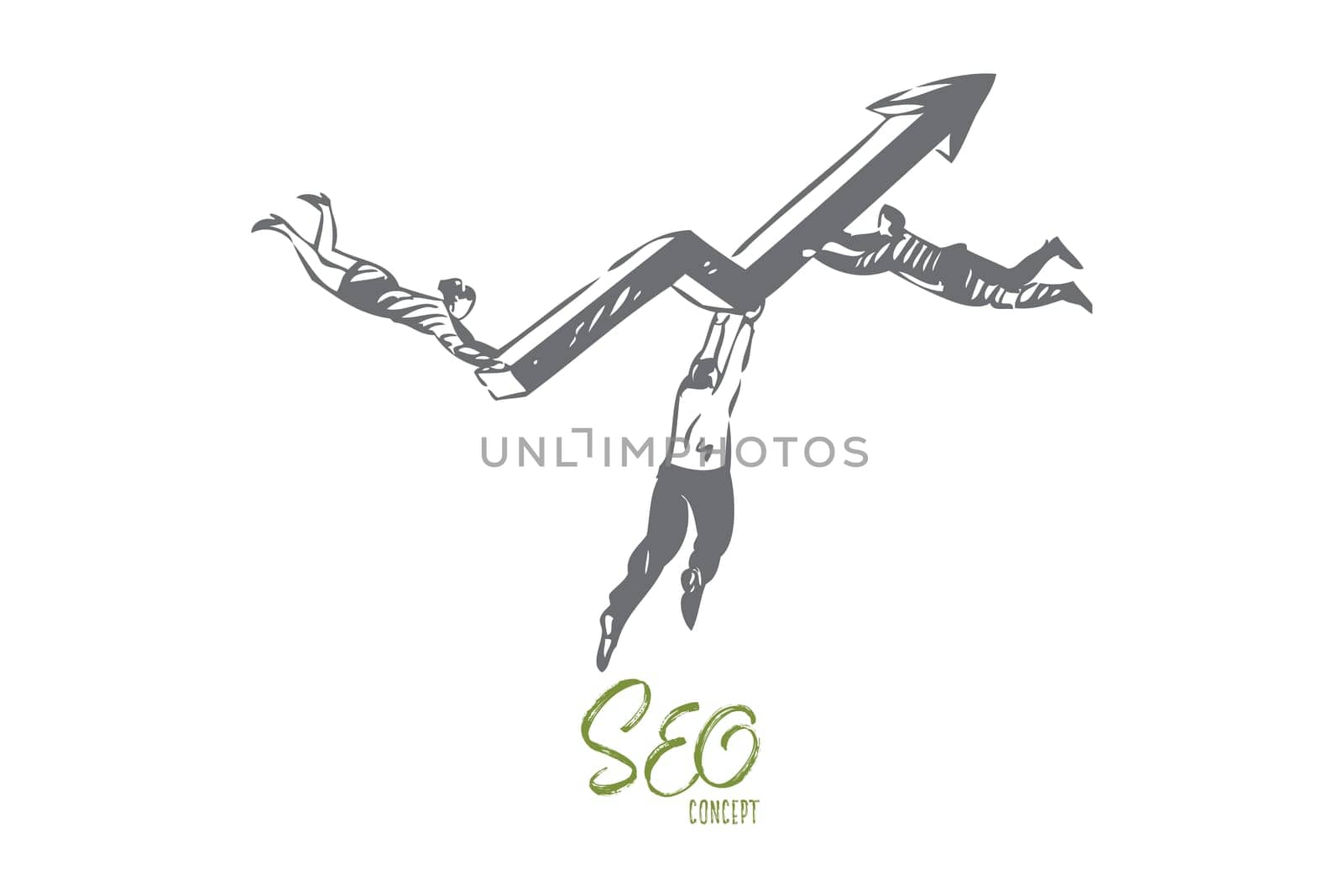 SEO concept sketch. Flying businessman and businesswoman teamwork, colleagues holding arrow, business partnership, internet technology, search engine optimization banner. Isolated vector illustration