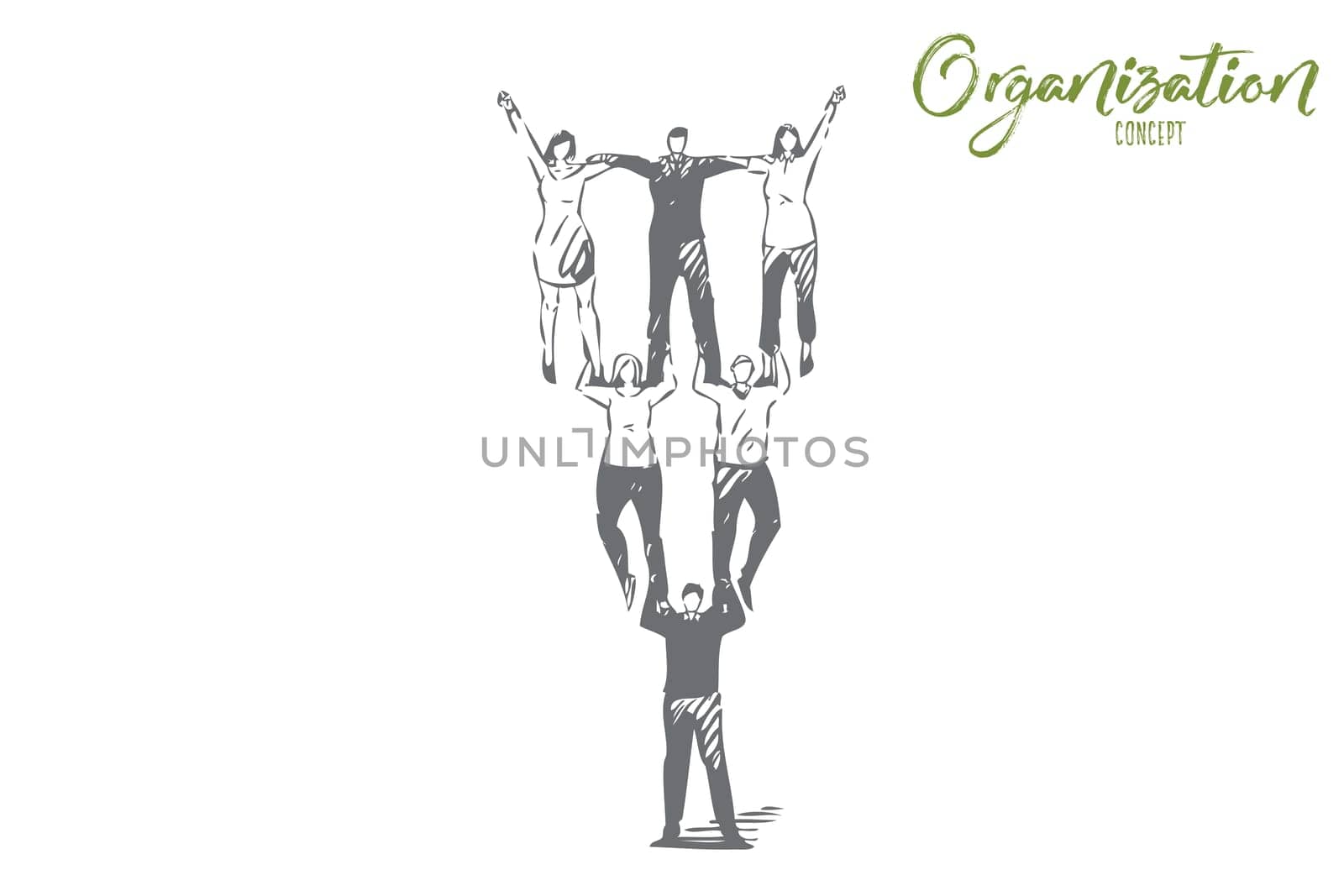 Organization concept sketch. Business partnership, businesswomen and businessmen cooperation, colleagues perform acrobatic stunt, togetherness metaphor, teamwork banner. Isolated vector illustration