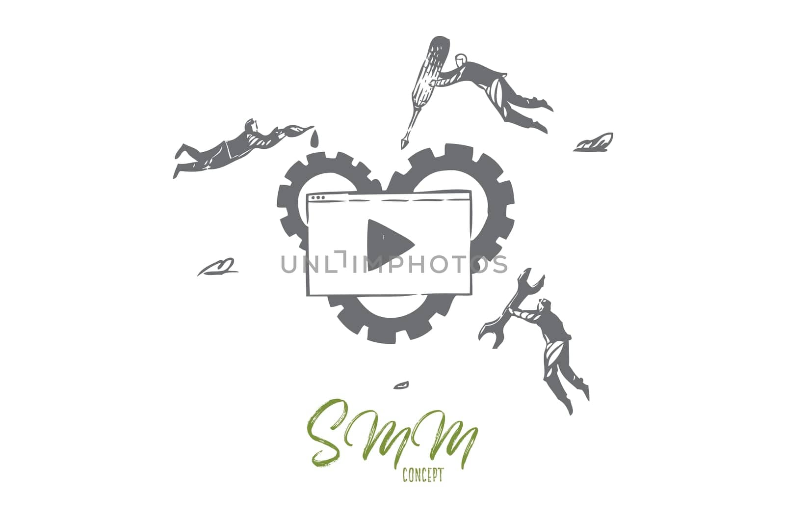 Social media marketing concept sketch. Flying businessmen with tools calibrating internet browser mechanism, targeted advertisement metaphor, smm business banner. Isolated vector illustration
