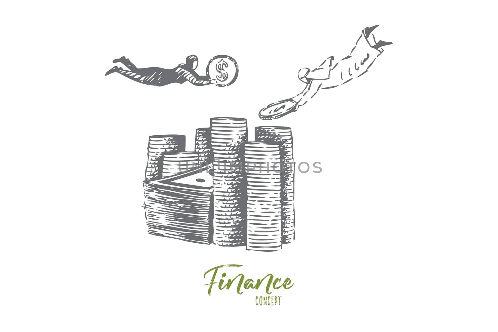 Finance concept sketch. Business partnership, flying arab businessman and businesswoman teamwork, financial literacy, economy growth, budget management banner. Isolated vector illustration