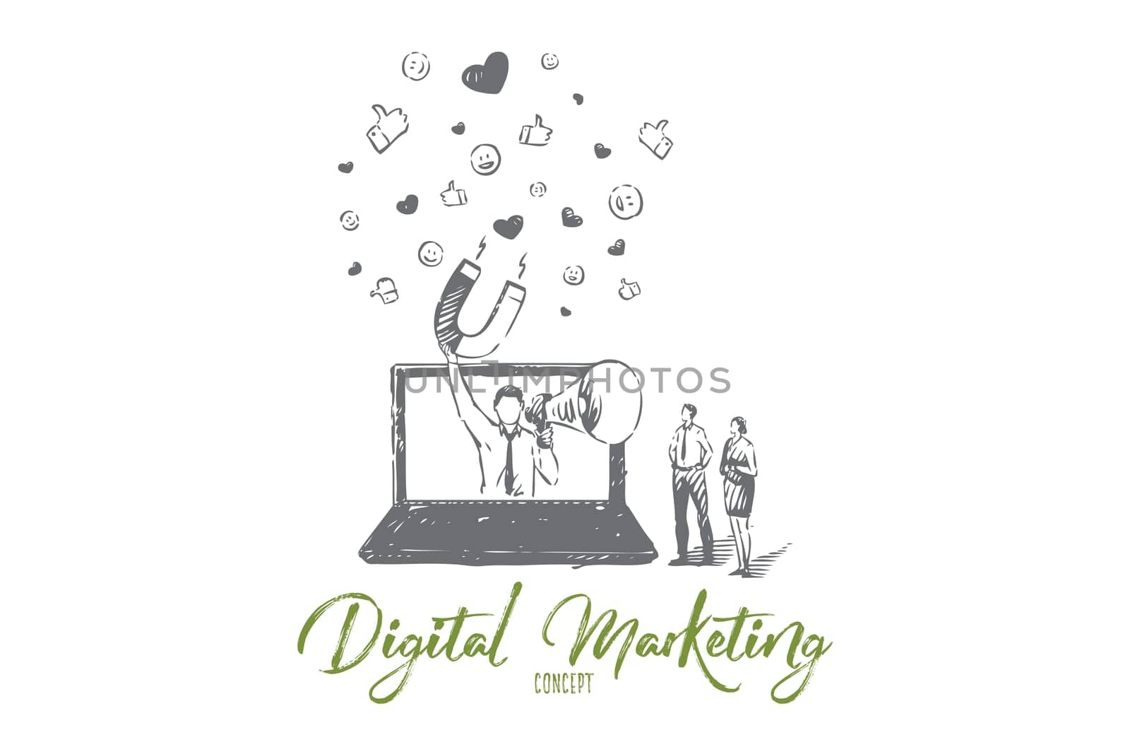 Digital marketing concept sketch. Businessman and businesswoman partnership, influencer with megaphone and magnet, social media feedback, online promo campaign banner. Isolated vector illustration