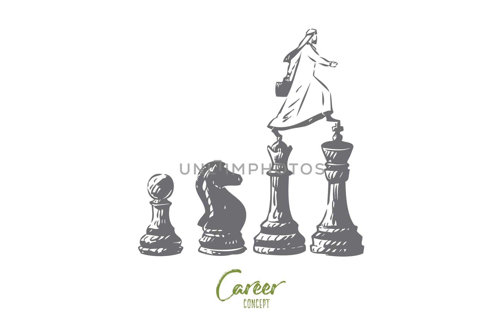 Career concept sketch. Work status improvement metaphor, muslim arab businessman walks on chess figures, successful executive manager, business strategy development. Isolated vector illustration