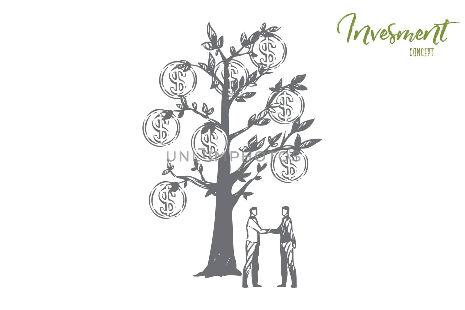 Investment concept sketch. Two men shaking hands. Money tree with coins. Stock trading, making profit. Businessman agree to teamwork, partnership, cooperation. Isolated vector illustration