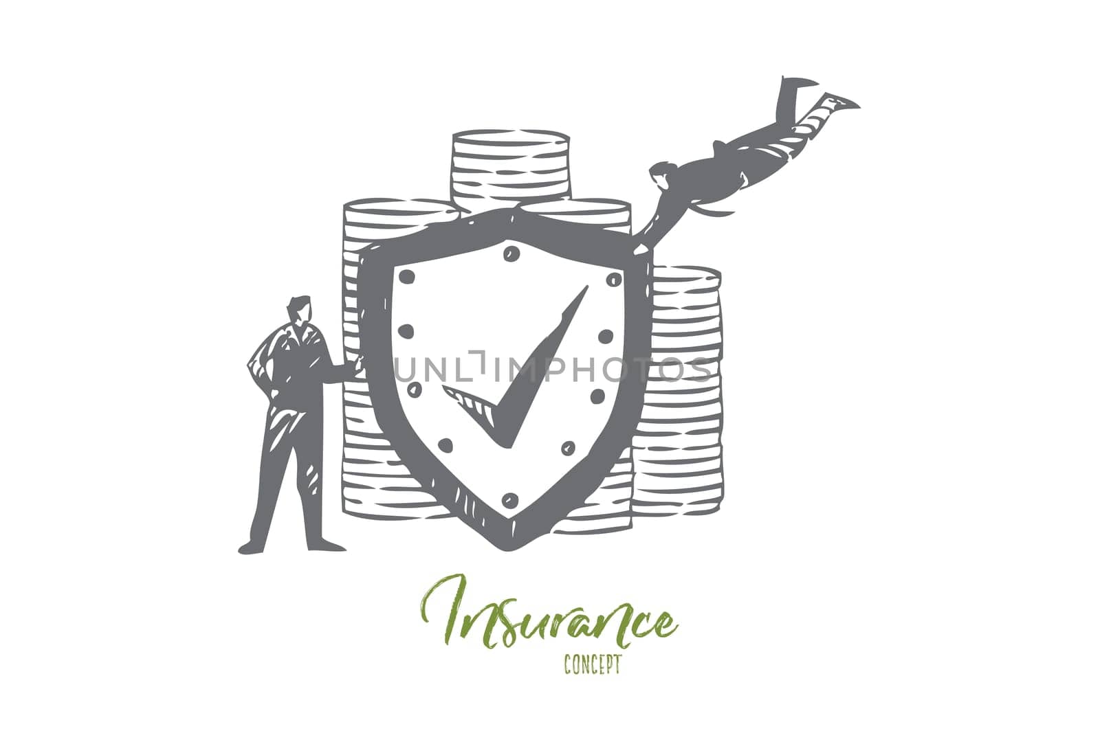 Insurance concept sketch. Flying businessmen teamwork, financial protection service, risk management, finances safety, investment security, banking business banner. Isolated vector illustration