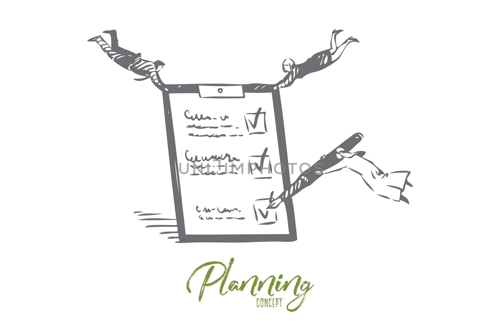 Planning concept sketch. Floating people checking items off to do list. Responsibility in workplace. Arab businessman holding huge pen and levitating over checklist. Isolated vector illustration
