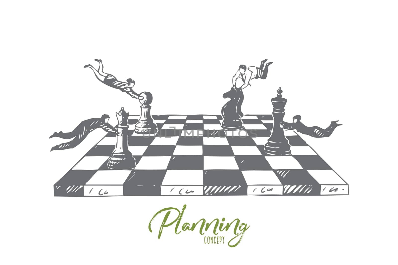 Planning concept sketch. Business plan, flying businesswomen and businessmen playing chess, team building exercise, brainstorm metaphor, business development banner. Isolated vector illustration