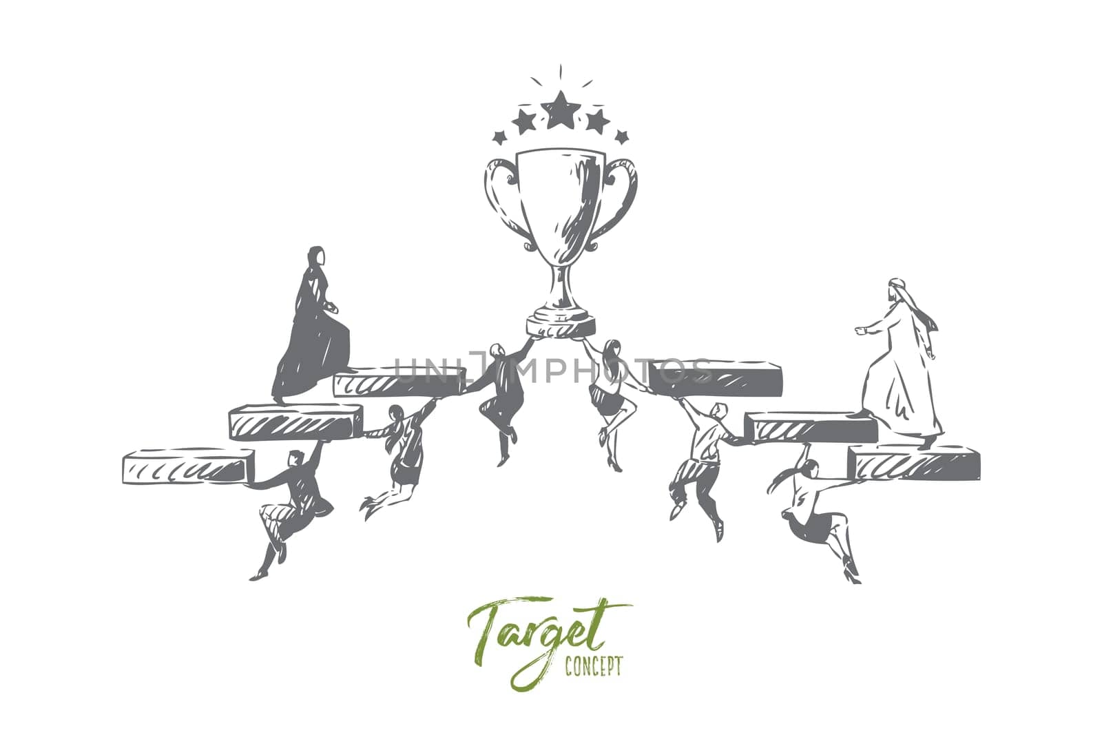 Target concept sketch. Muslim man and woman, team leaders going to success. Teamwork metaphor. Climbing obstacles to someones target. Workplace, business cooperation. Isolated vector illustration