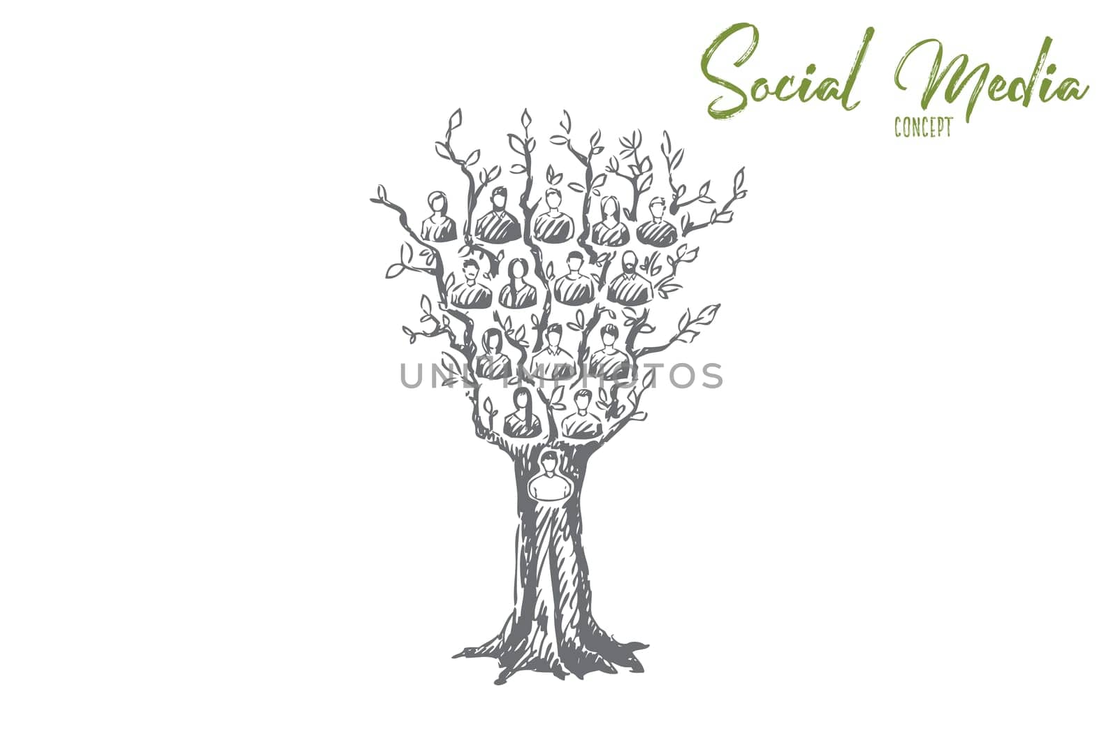 Social media concept sketch. Tree with online network users on branches, internet connection, community metaphor, family tree, friendship and communication banner. Isolated vector illustration