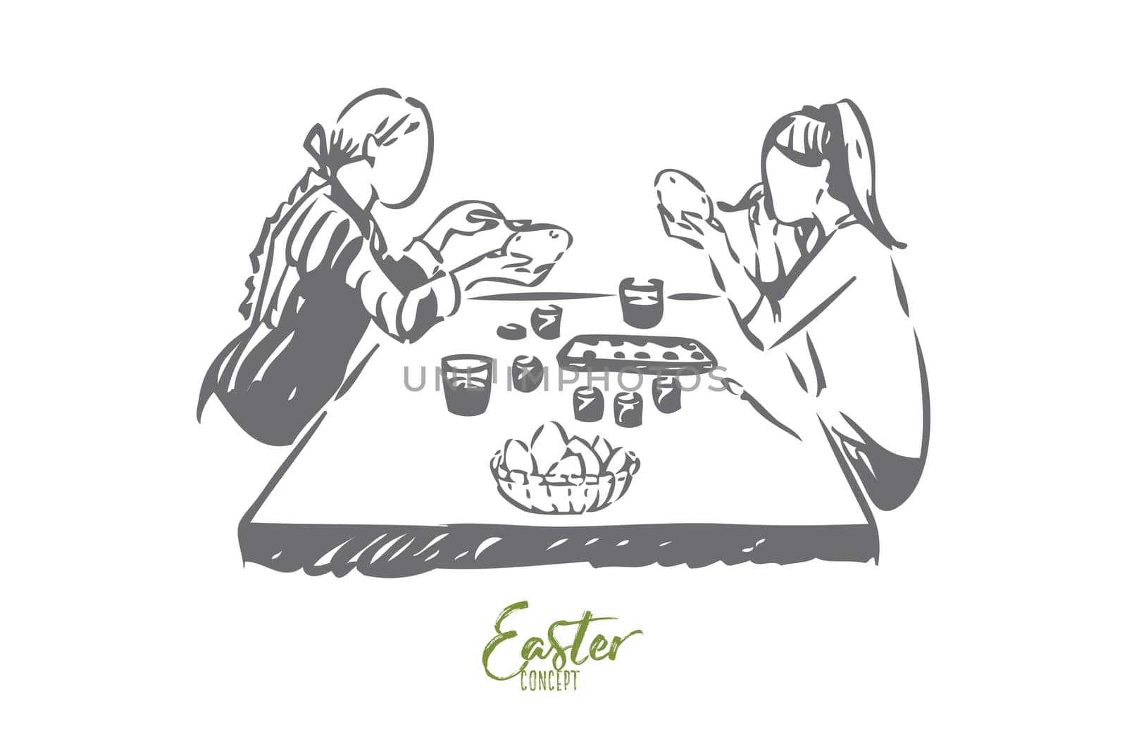 Easter concept sketch. Religious holiday celebration, young girls coloring eggs with paintbrush, mother and daughter decorating pysanka together, spring tradition. Isolated vector illustration