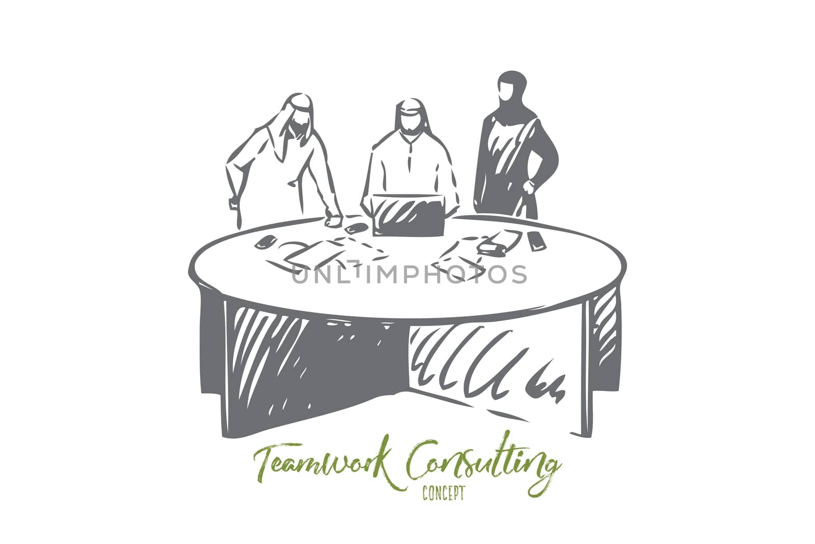Teamwork consulting concept sketch. Arab men and woman team building and management. Businessman working on laptop. Searching for solution on internet. Isolated vector illustration