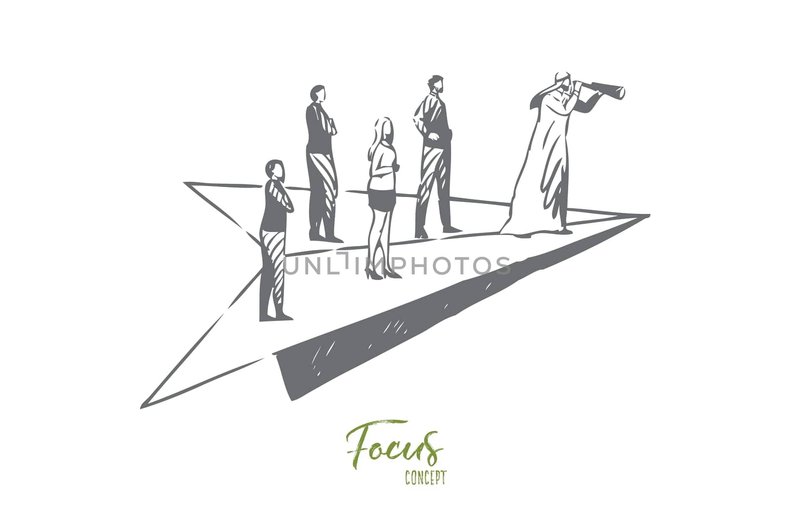 Focus concept sketch. Arab man, leader looking into spyglass. People standing on paper airplane flying to their goal. Team determination, target-oriented practices. Isolated vector illustration
