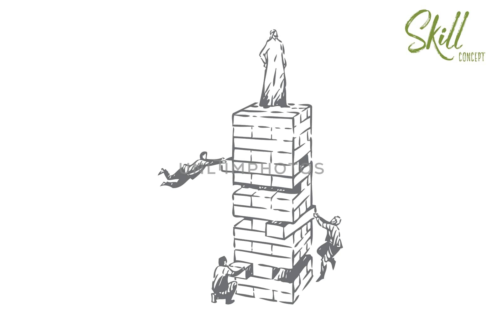 Skill concept sketch. Standing on top of everyone. Arab man, leader achieving success. Floating people playing jenga game. Office, career promotion metaphor drawing. Isolated vector illustration