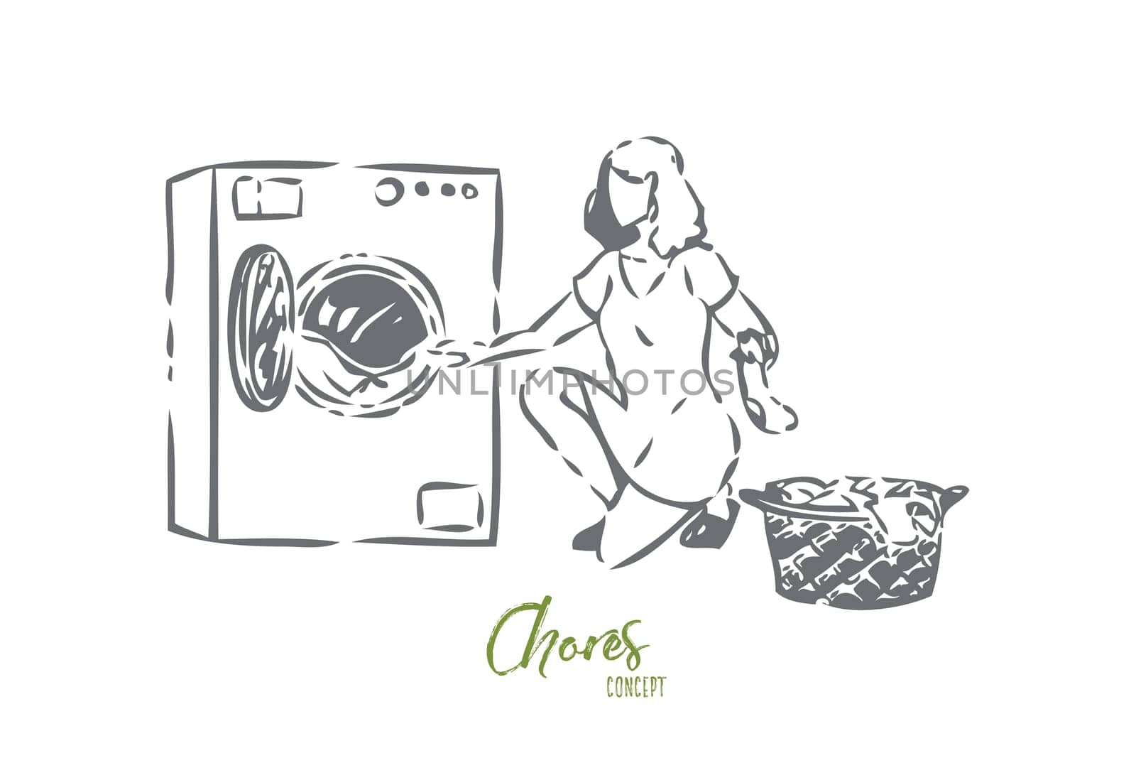 Chores concept sketch. Woman unloading laundry. Helping around the house. Washing dirty clothes. Using washing machine at home. Household responsibilities. Isolated vector illustration