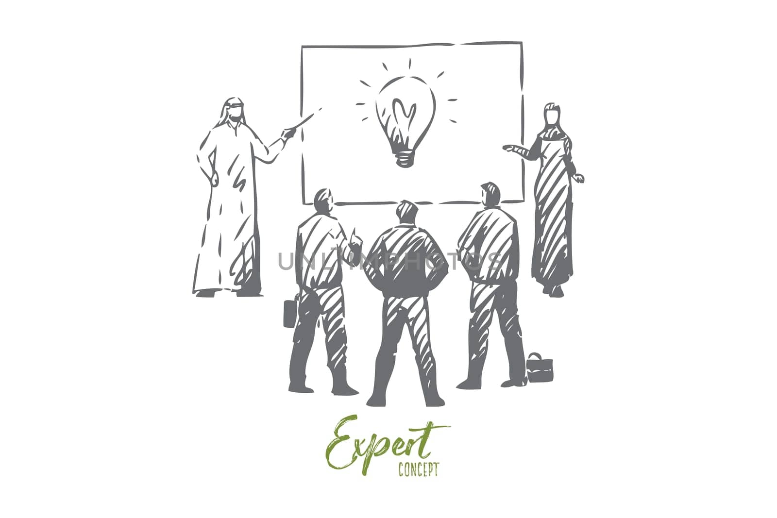 Expert concept sketch. Arab man and woman giving a presentation together. Professional assistance. Business conference, seminar, meeting. Brainstorming, idea generation. Isolated vector illustration