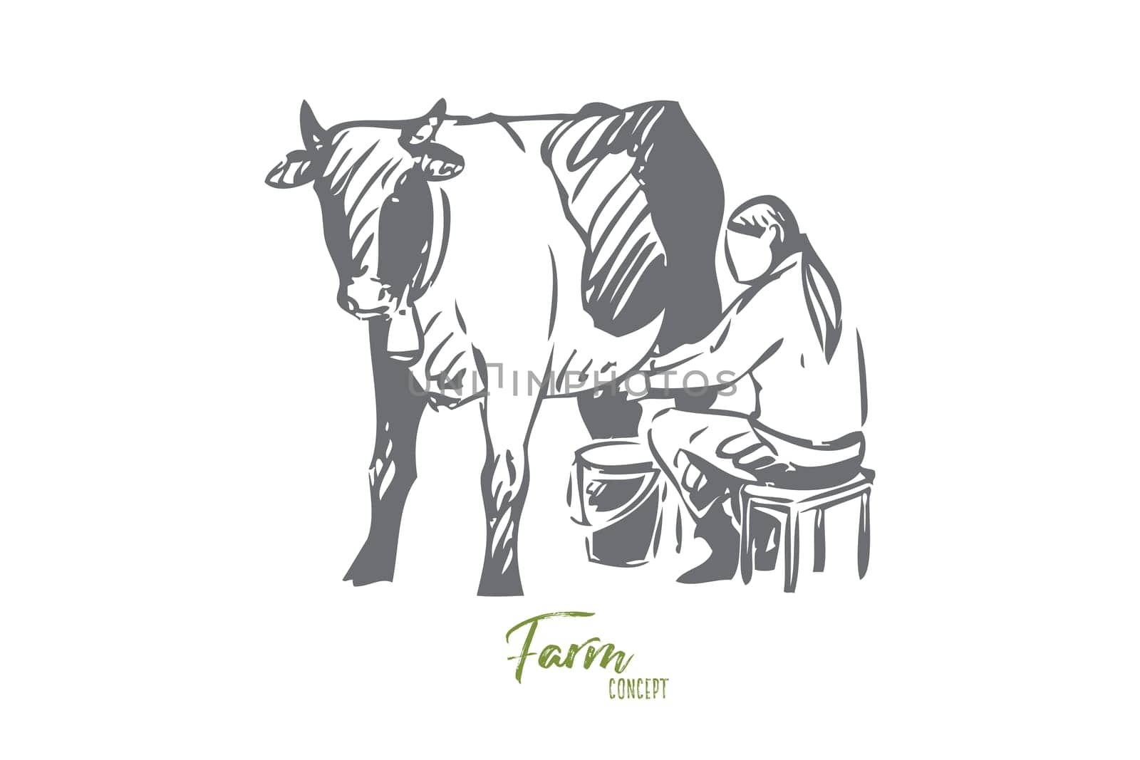 Cattle concept sketch. Woman milking grown cow. Taking care of farm animals, livestock, dairy farm. Getting fresh organic milk. Working with domestic animals. Isolated vector illustration