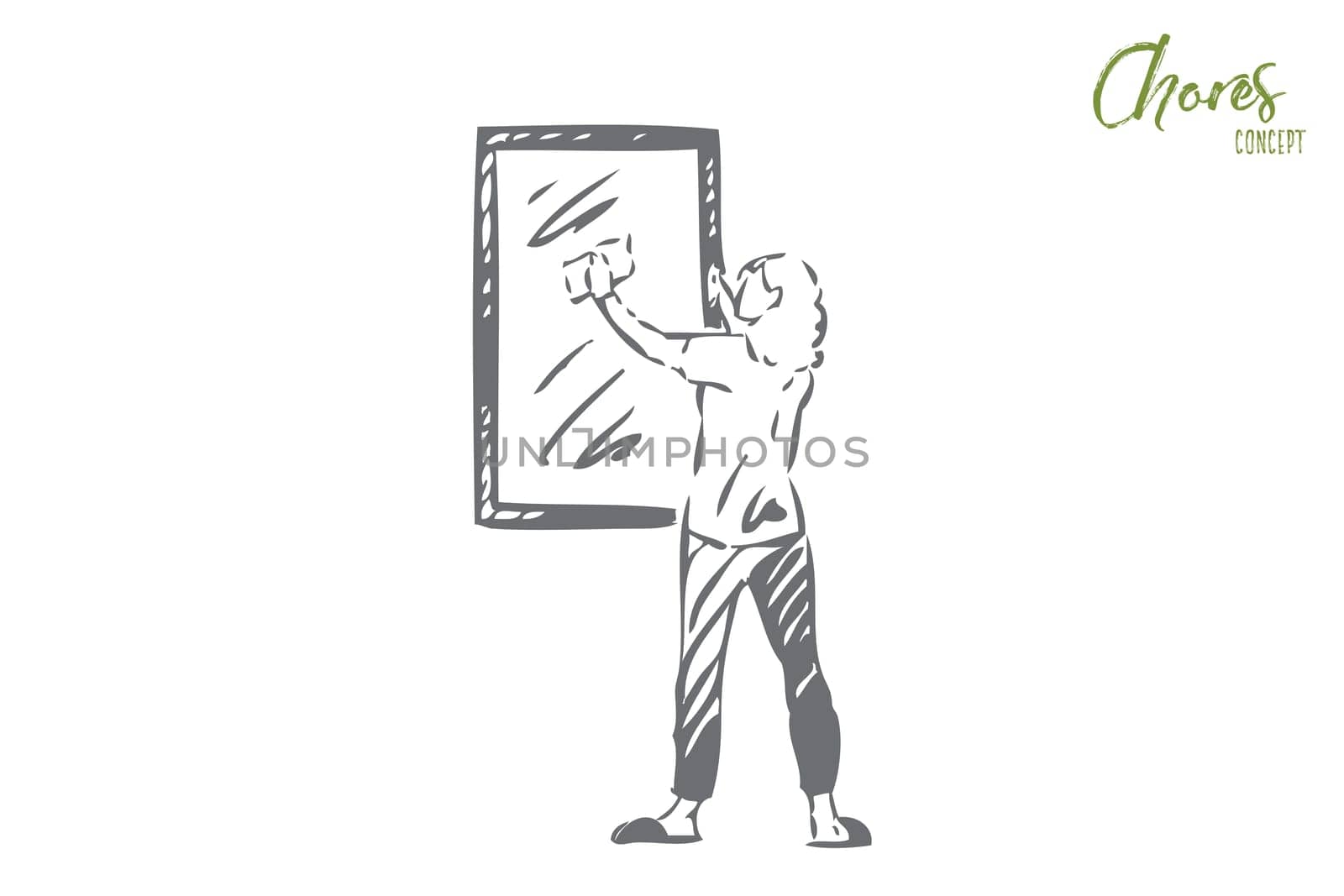 Window washing concept sketch. Young homemaker cleaning mirror, faceless woman wiping looking glass with rag, housekeeper routine, housewife chores, housework banner. Isolated vector illustration