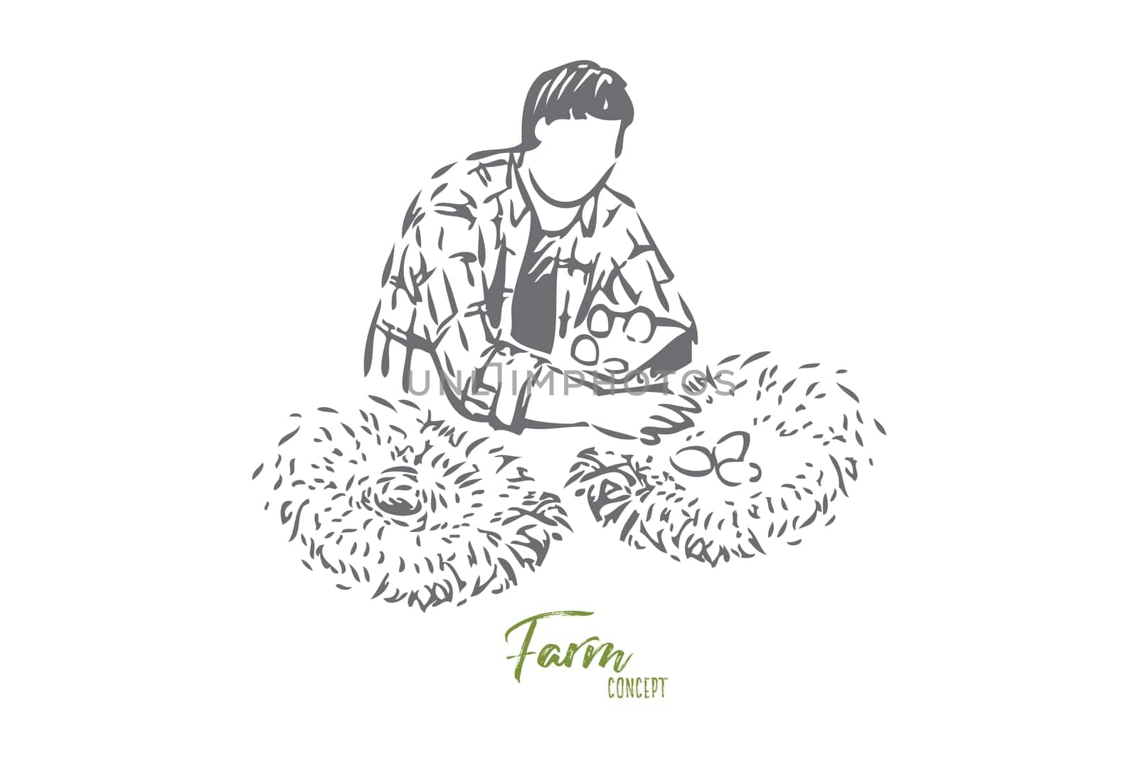 Chicken farm concept sketch. Rural economy, farmer chores, farming business, young faceless villager collecting eggs, countryside lifestyle, husbandry banner. Isolated vector illustration