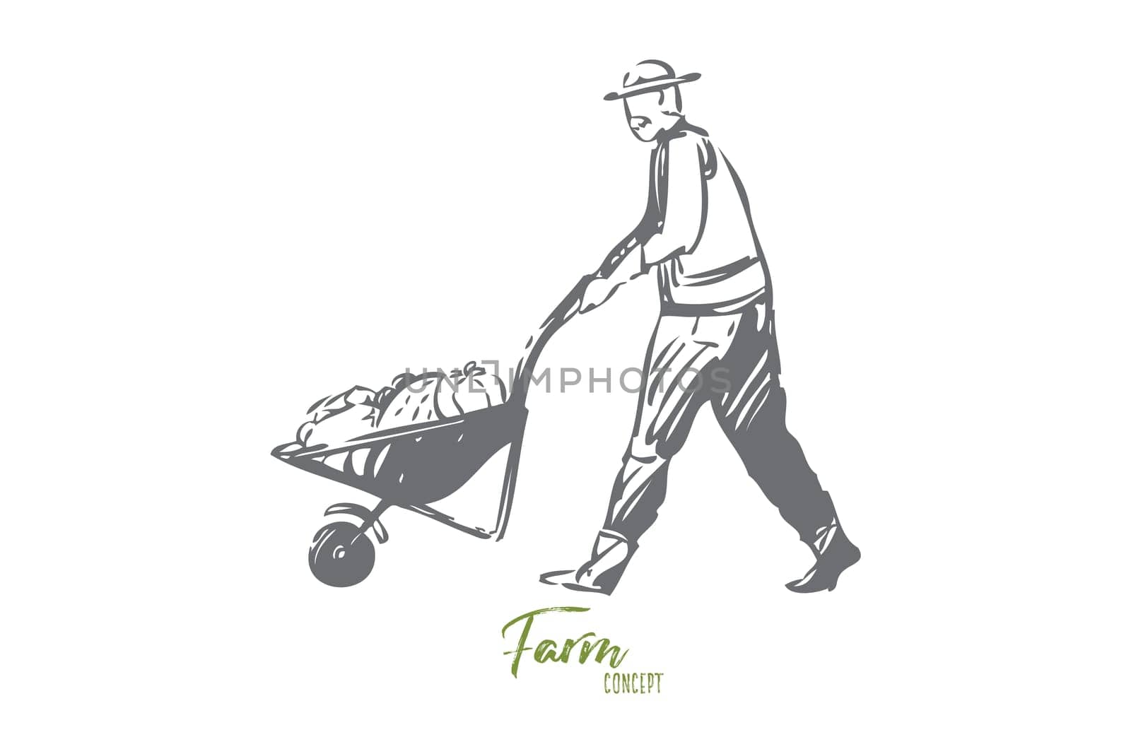 Farm concept sketch. Man, senior farmer transporting harvest in wheelbarrow. Collecting crops. Manual labor on farm. Hard working old guy. Moving vegetables into storage. Isolated vector illustration
