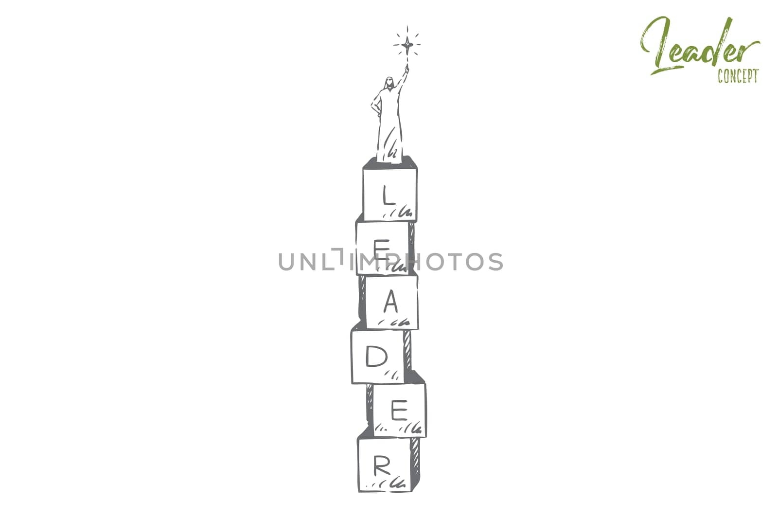 Leader concept sketch. Muslim man holding star on top of tower. Building blocks with letters. Leadership metaphor. Self-confident person. Head of company, department. Isolated vector illustration