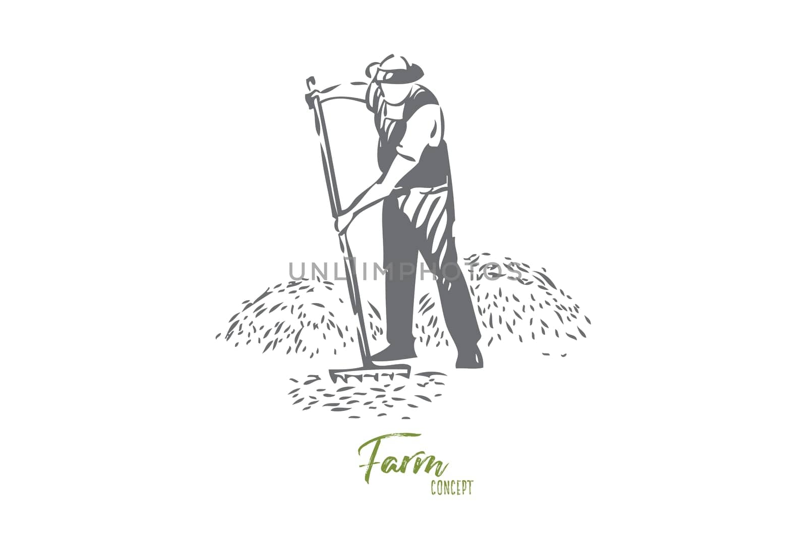 Farmer chores concept sketch. Farming business, rural economy, countryside lifestyle, faceless farm worker, villager raking hay or grass, agronomy, husbandry banner. Isolated vector illustration