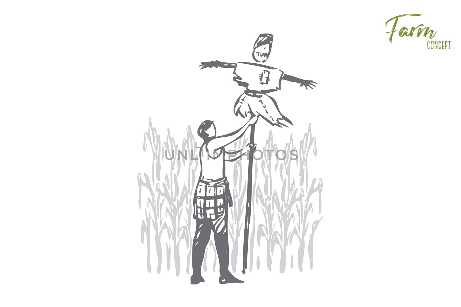 Scaring off pests concept sketch. Woman putting up scarecrow. Working in corn fields. Taking care of crops. Countryside, agriculture, farmland lifestyle. Isolated vector illustration