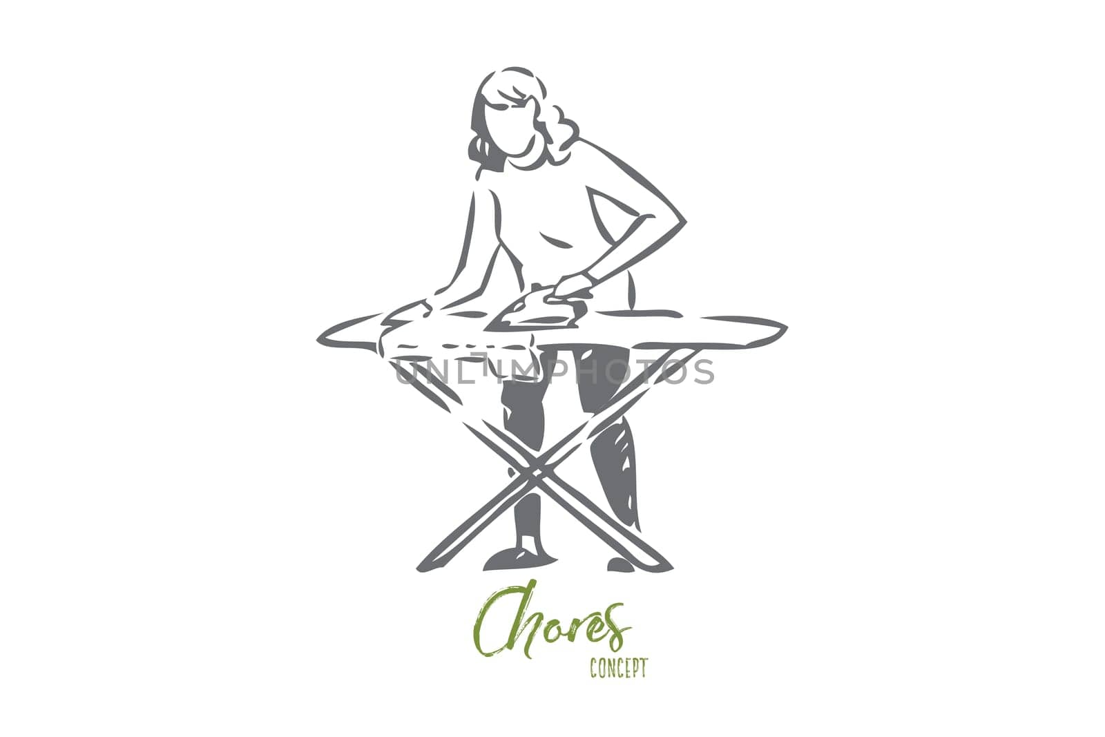 Ironing clothes concept sketch. Housekeeping chores, housewife routine, young housekeeper working with electric flatiron, smoothing iron, household, housework banner. Isolated vector illustration
