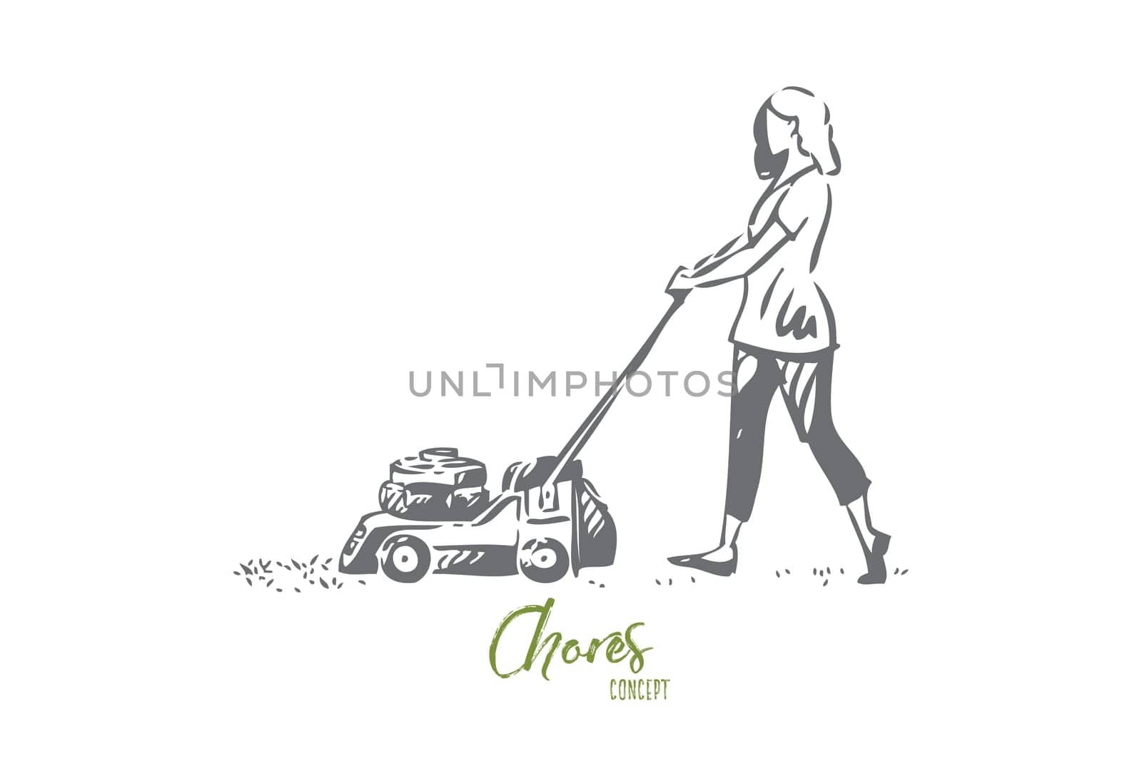 Girl mowing lawn concept sketch. Cutting down long grass in front and back yard. Woman using lawn mower, grass cutter. Gardening.. Household responsibility. Isolated vector illustration
