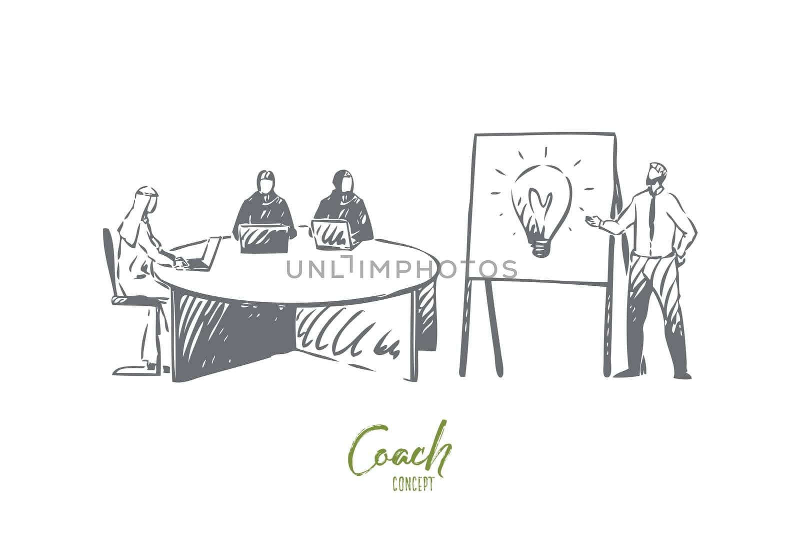 Coach concept sketch. Business partnership, arab businessman and businesswoman teamwork, economic literacy training courses, team meeting, business school banner. Isolated vector illustration