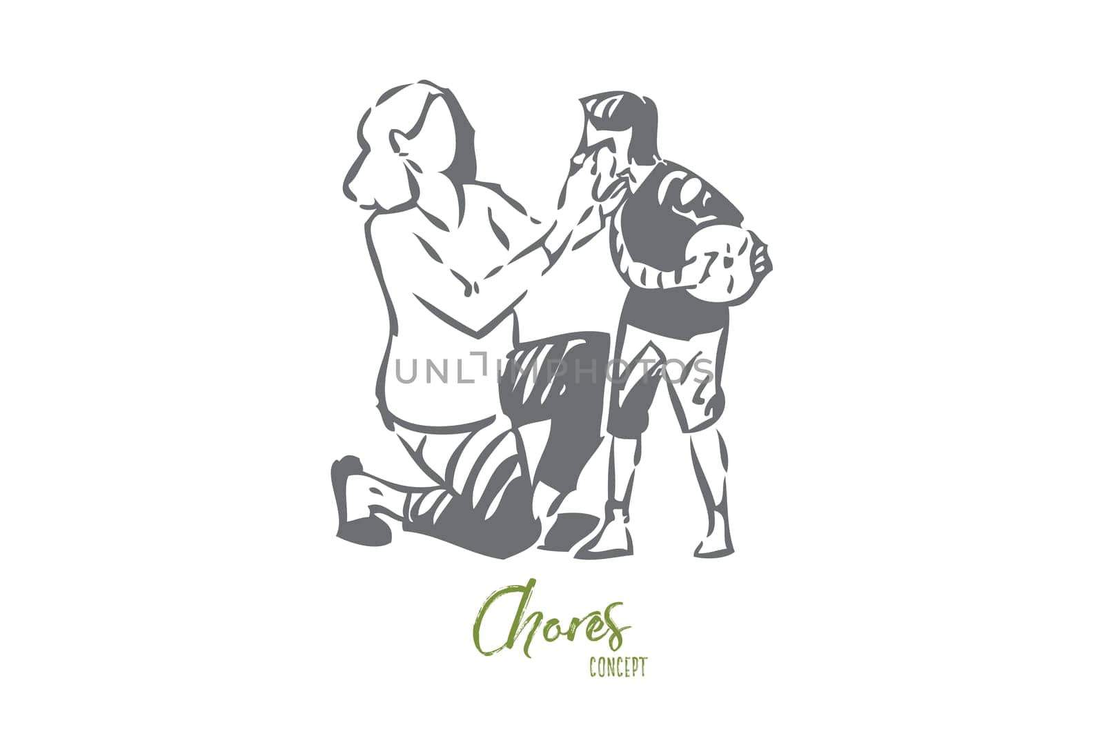 Mother taking care of boy concept sketch. Wiping dirt off of childs face with napkin. Raising children. Stay at home mom parenting kid. Motherly love and care. Isolated vector illustration